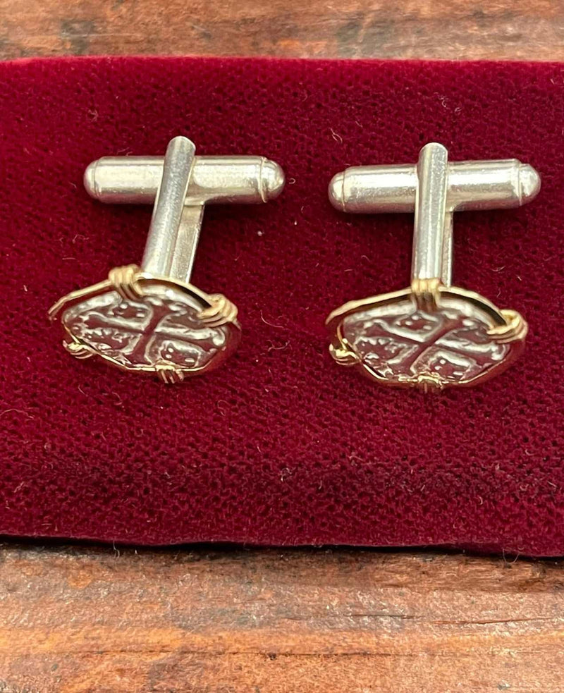 Atocha shipwreck coin Cufflinks in 14k solid gold bezel 925 solid sterling silver made from atocha silver bars