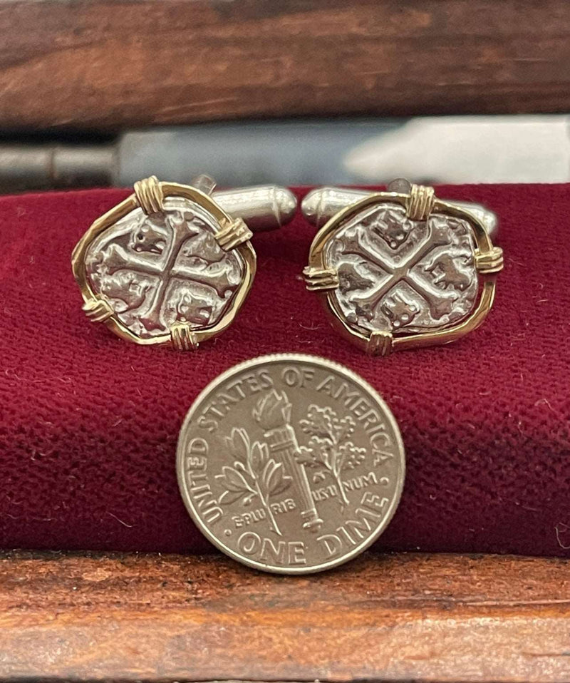 Atocha shipwreck coin Cufflinks in 14k solid gold bezel 925 solid sterling silver made from atocha silver bars