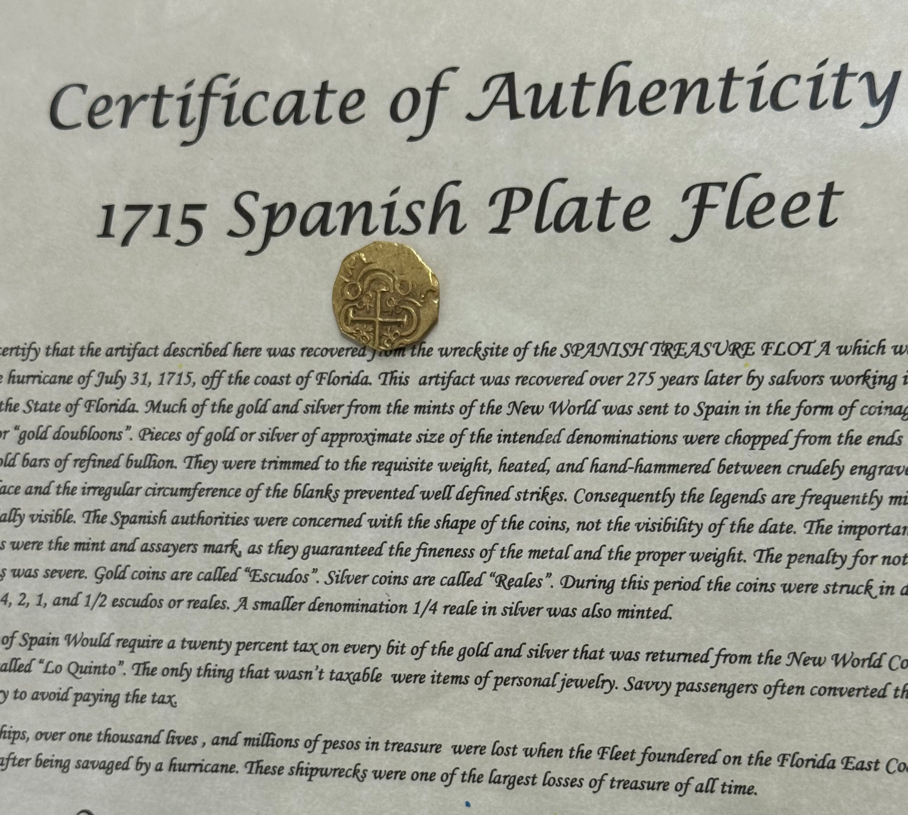 1715 SPANISH PLATE FLEET ACTUAL GOLD COIN 2 ESCUDO Artifact Number: 1715-240062 GRADE: AU+ MINT: NR (SANTA FE DE BOGOTA)