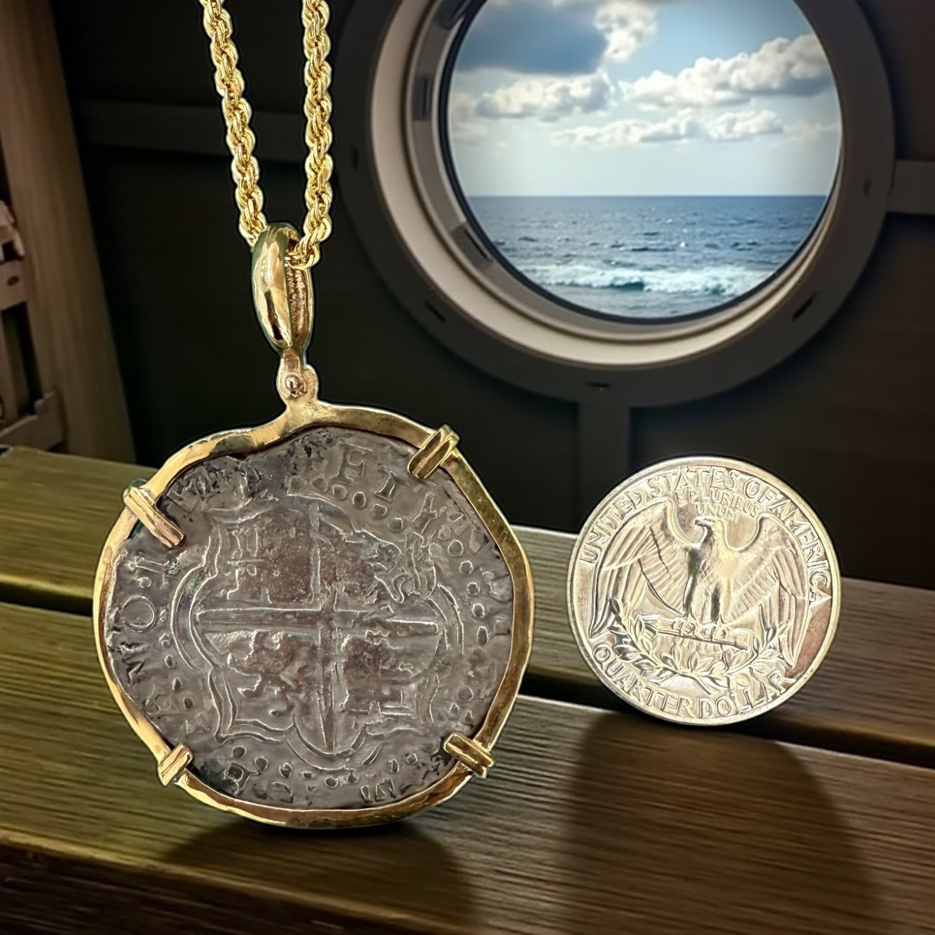 ATOCHA SOLID LARGE SIZE SILVER COIN PENDANT IN 14KT SOLID GOLD BEZEL