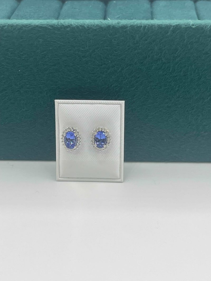 GENUINE AFRICAN TANZANITE STUD EARRINGS IN REAL DAIMONDS SET IN 14K WHITE GOLD 8MM