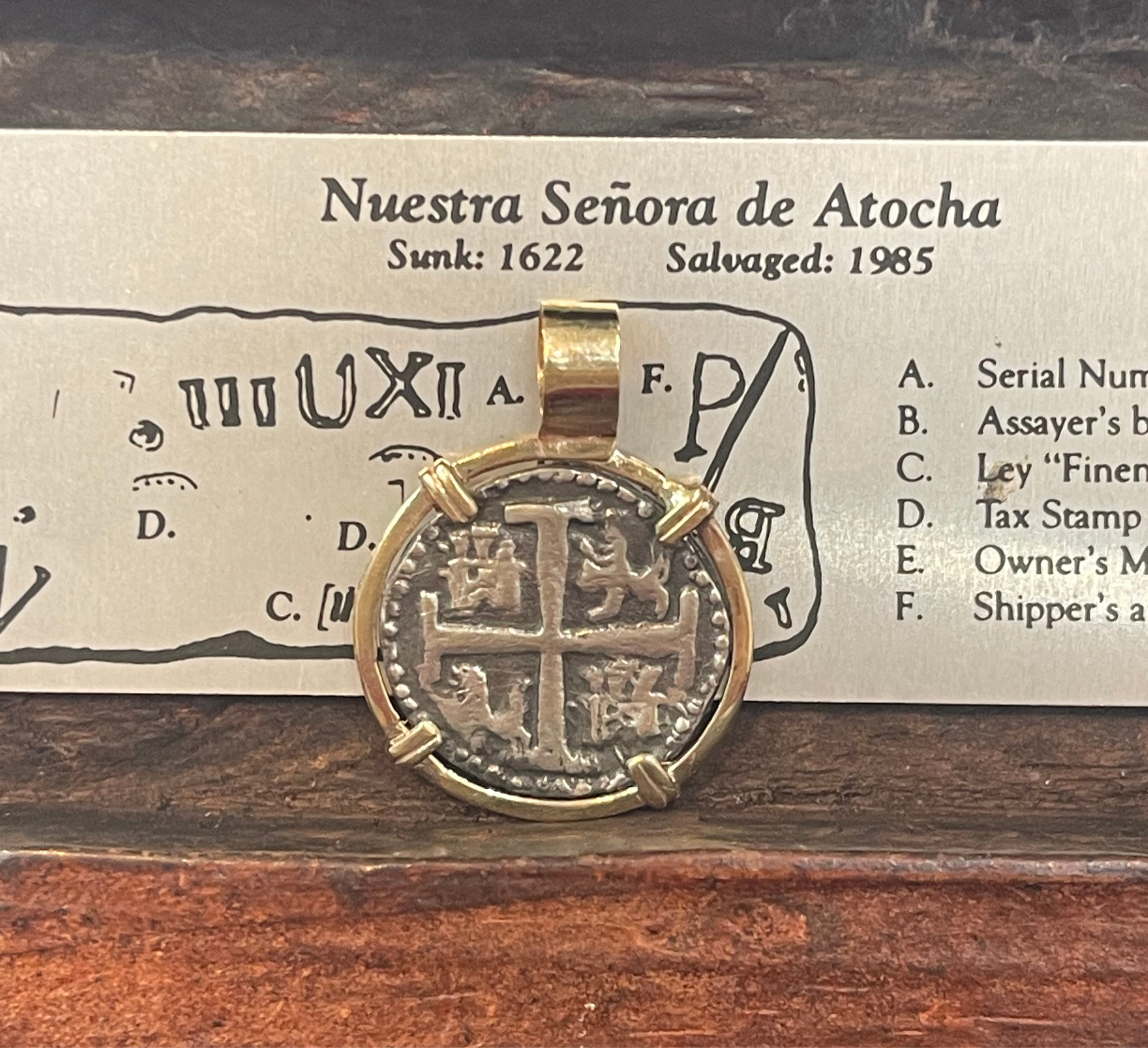 ATOCHA SILVER COIN PENDANT IN 14K REAL SOLID GOLD BEZEL HANDMADE FROM ATOCHA SILVER