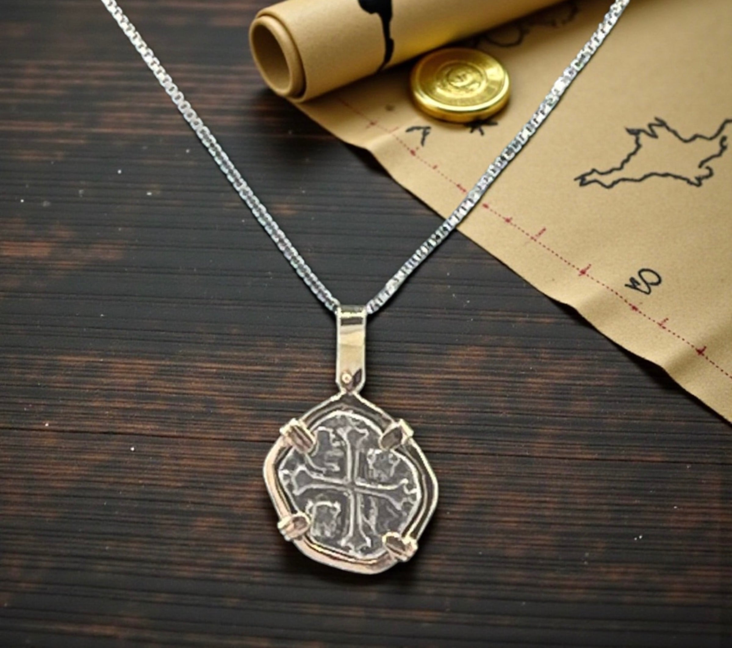 NUESTRA SENORA DE ATOCHA MINI SILVER COIN PENDANT IN 14KT GOLD BEZEL