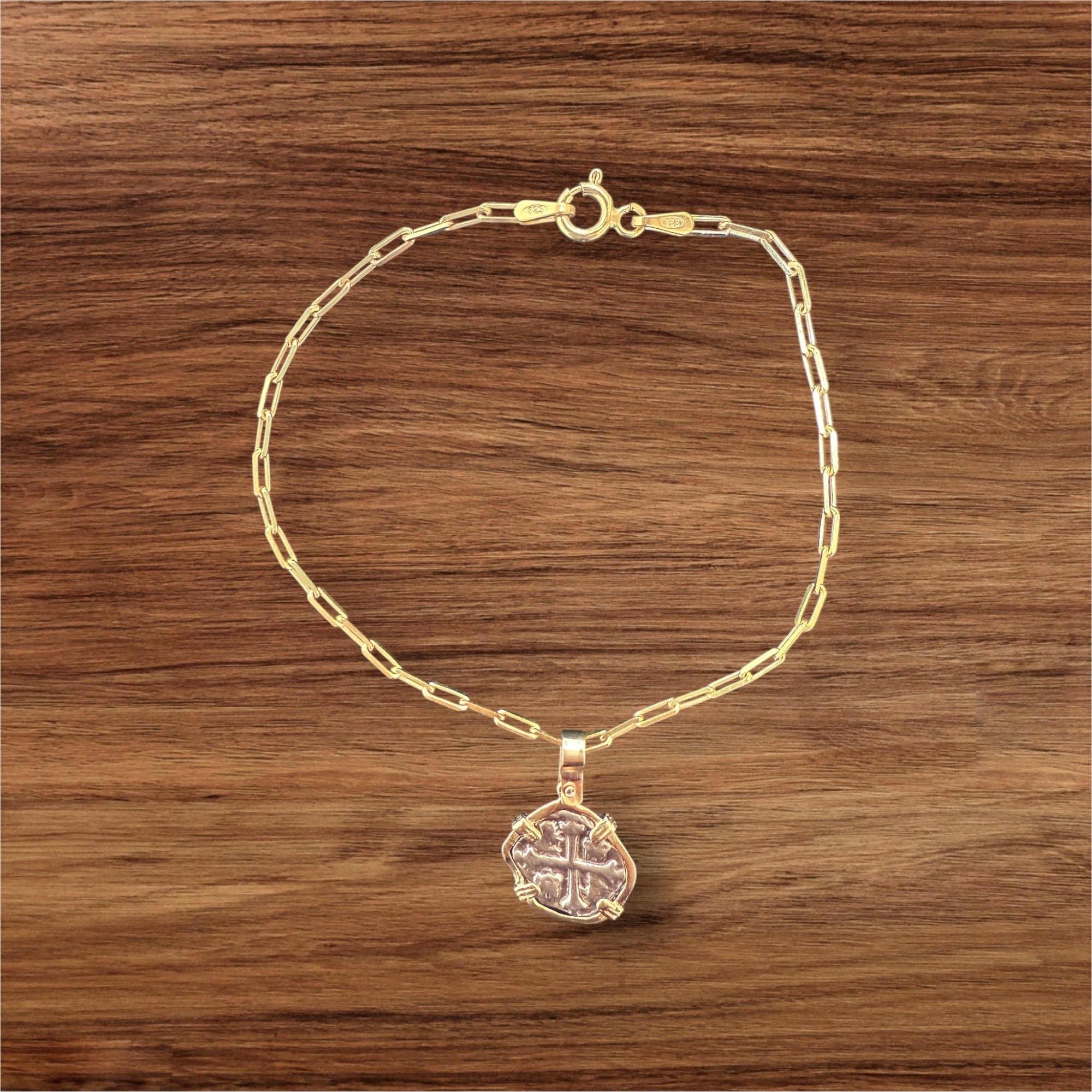 Atocha mini coin in 14k gold bezel charm bracelet set in 925 silver paper clip bracelet 1.9mm