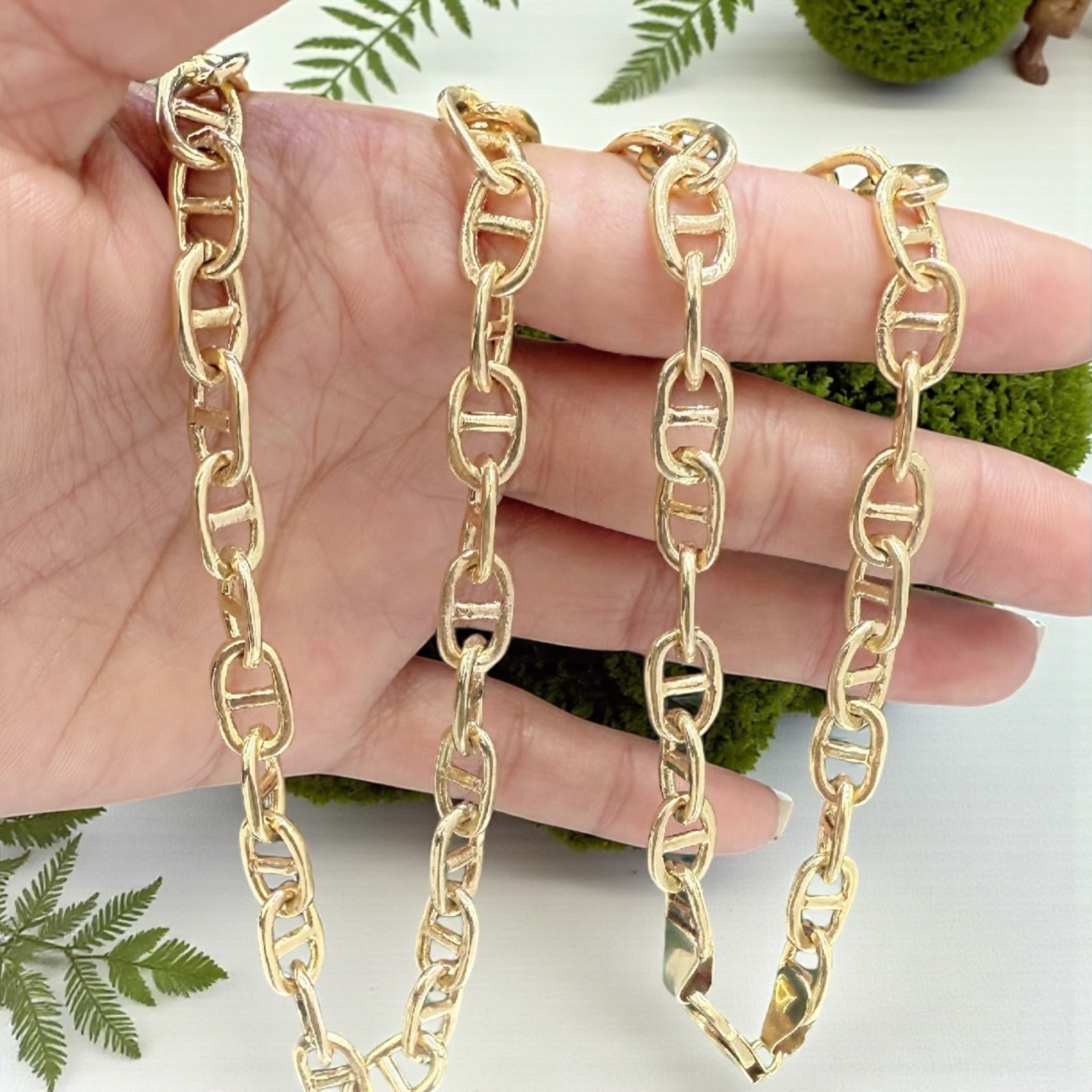14k solid real gold handmade rounded anchor link chain 7.5mm