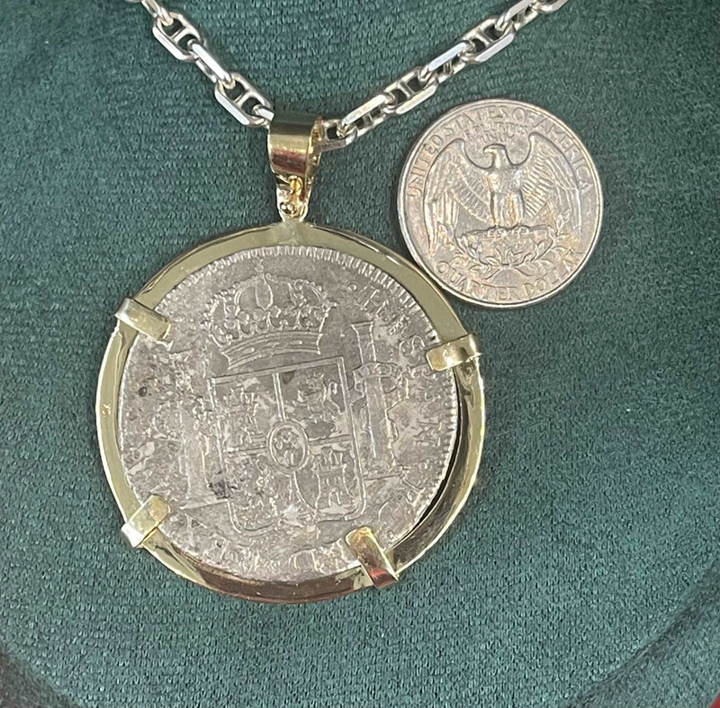 ACTUAL EL CAZADOR COIN PENDANT IN 10K SOLID REAL GOLD BEZEL GRADE 2