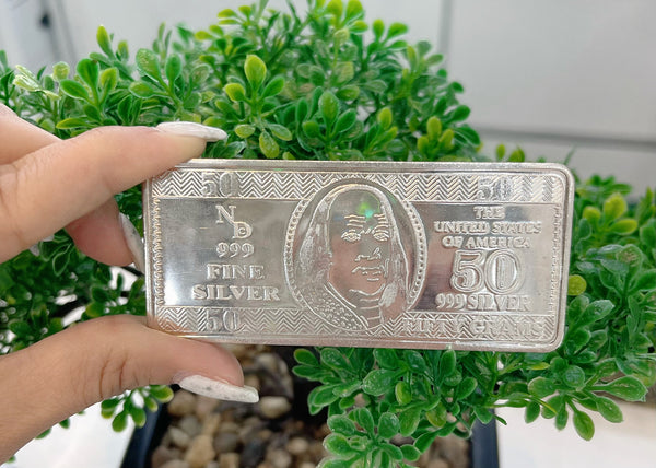 999 PURE SILVER 50 GRAMS $50 BILL SILVER BAR