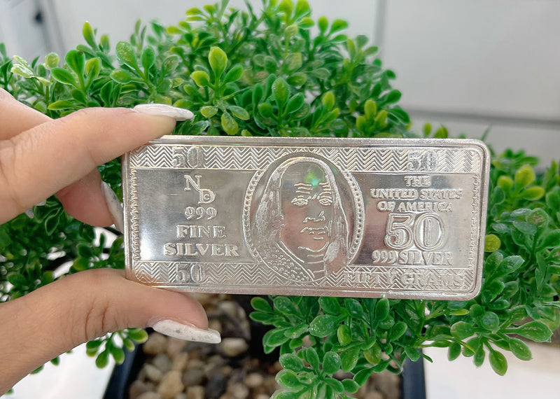 999 PURE SILVER 50 GRAMS $50 BILL SILVER BAR