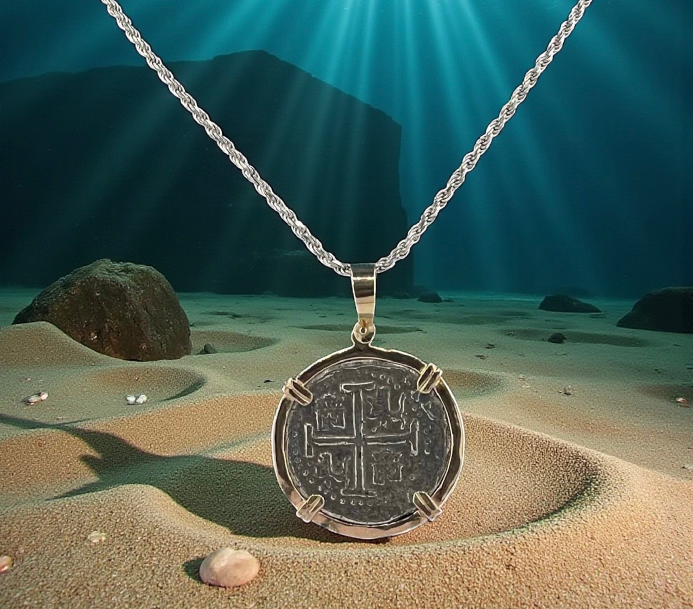 NUESTRA SENORA DE ATOCHA SILVER COIN PENDANT IN 14KT SOLID GOLD BEZEL
