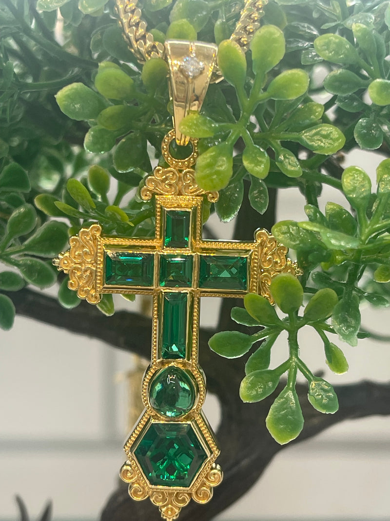 14K REAL SOLID GOLD EMERALD CROSS PENDANT