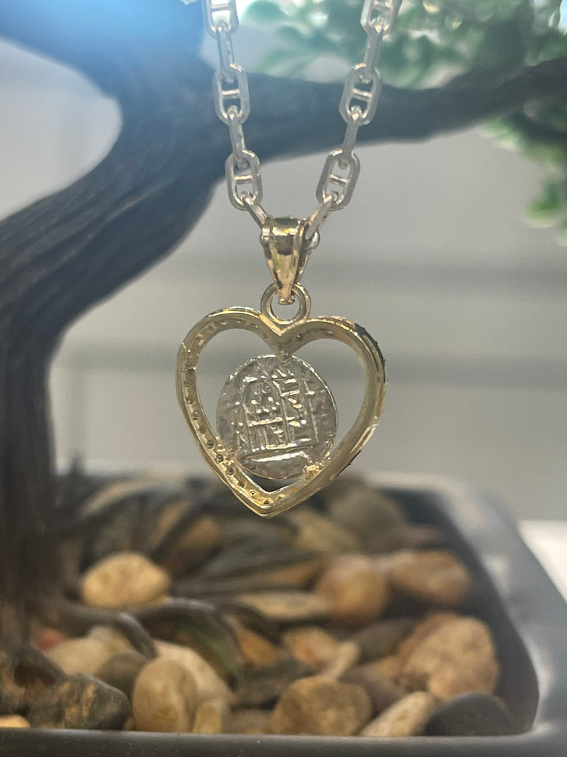 NUESTRA SENORA DE ATOCHA MINI SILVER COIN PENDANT IN 10K REAL GOLD CRYSTAL HEART