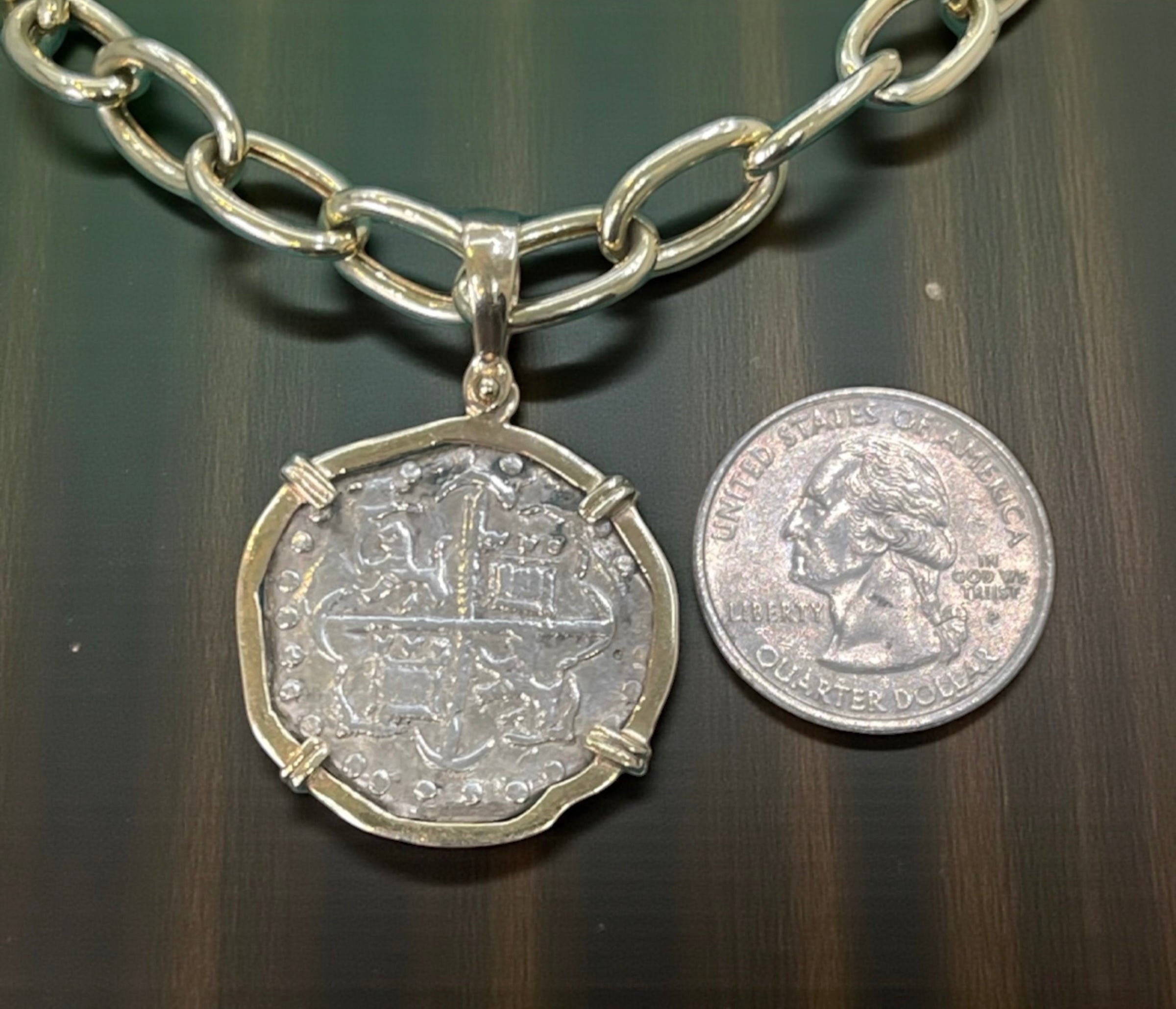 NUESTRA SENORA DE ATOCHA SILVER COIN PENDANT IN 14KT SOLID GOLD BEZEL WITH 14K REAL GOLD CHAIN 18” LONG