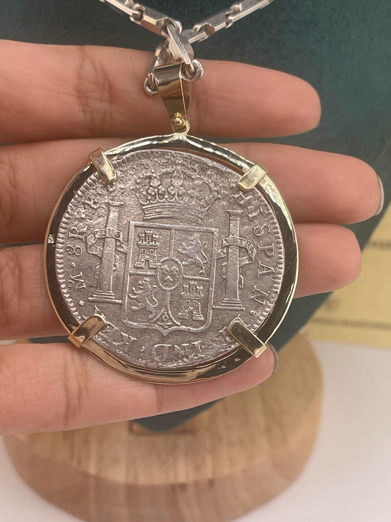 ACTUAL GRADE 1 EL CAZADOR COIN PENDANT IN 10K SOLID REAL GOLD BEZEL