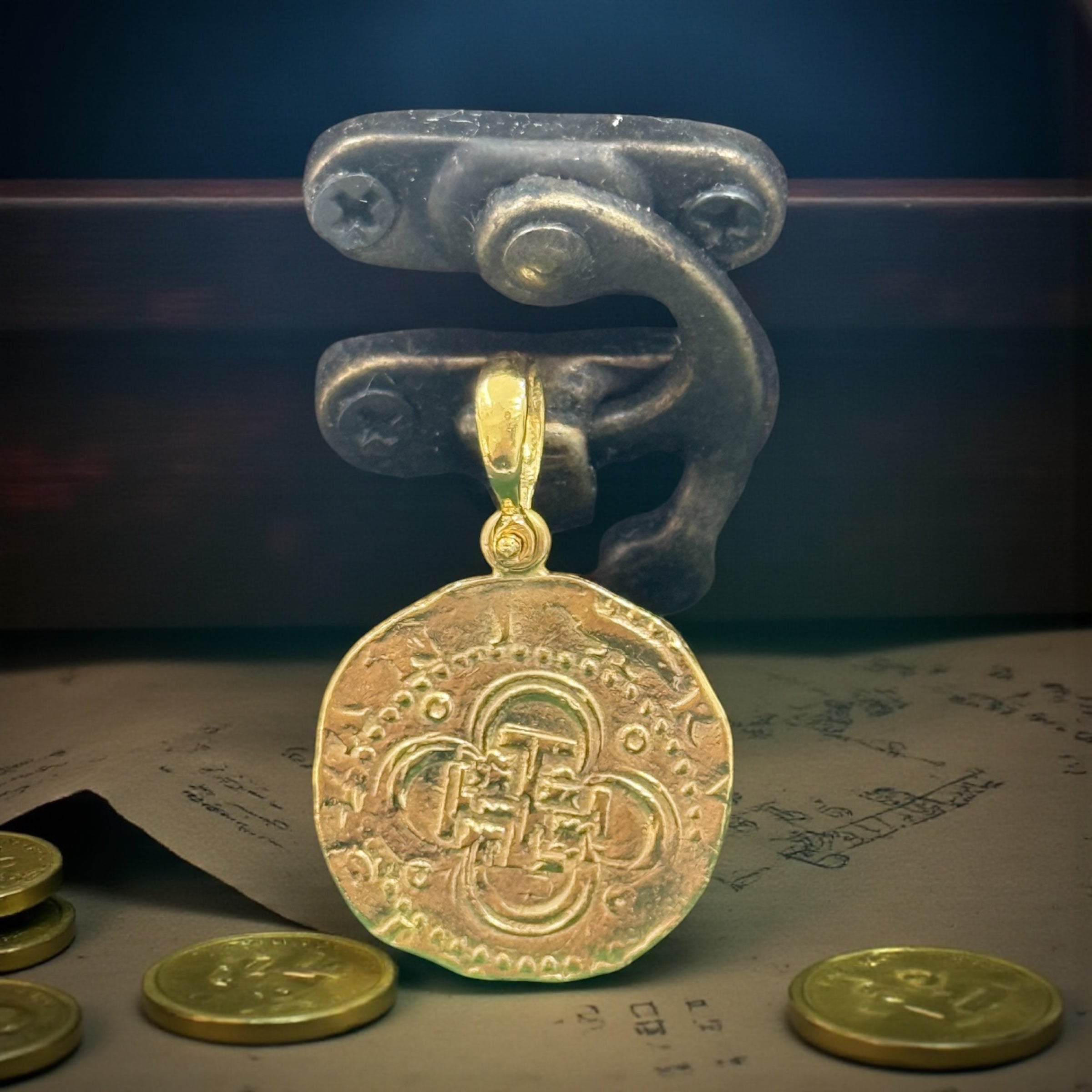MUSEUM QUALITY RECREATION OF ATOCHA SHIPWRECK GOLD COIN PENDANT HANDMADE WITH 14k REAL GOLD