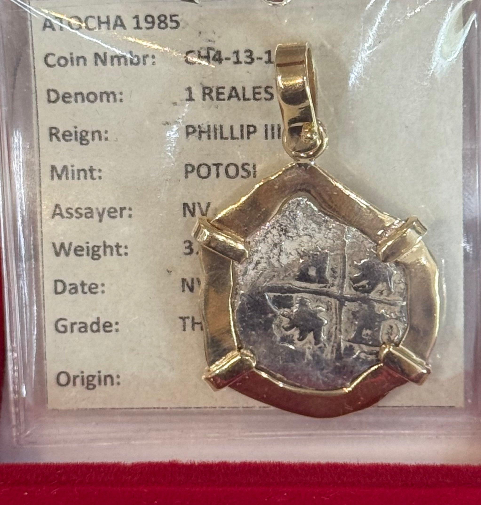 ACTUAL COIN NUESTRA SENORA DE ATOCHA SILVER COIN 1 REALE GRADE 3 IN 14K SOLID GOLD BEZEL SHIPWRECK COIN PENDANT