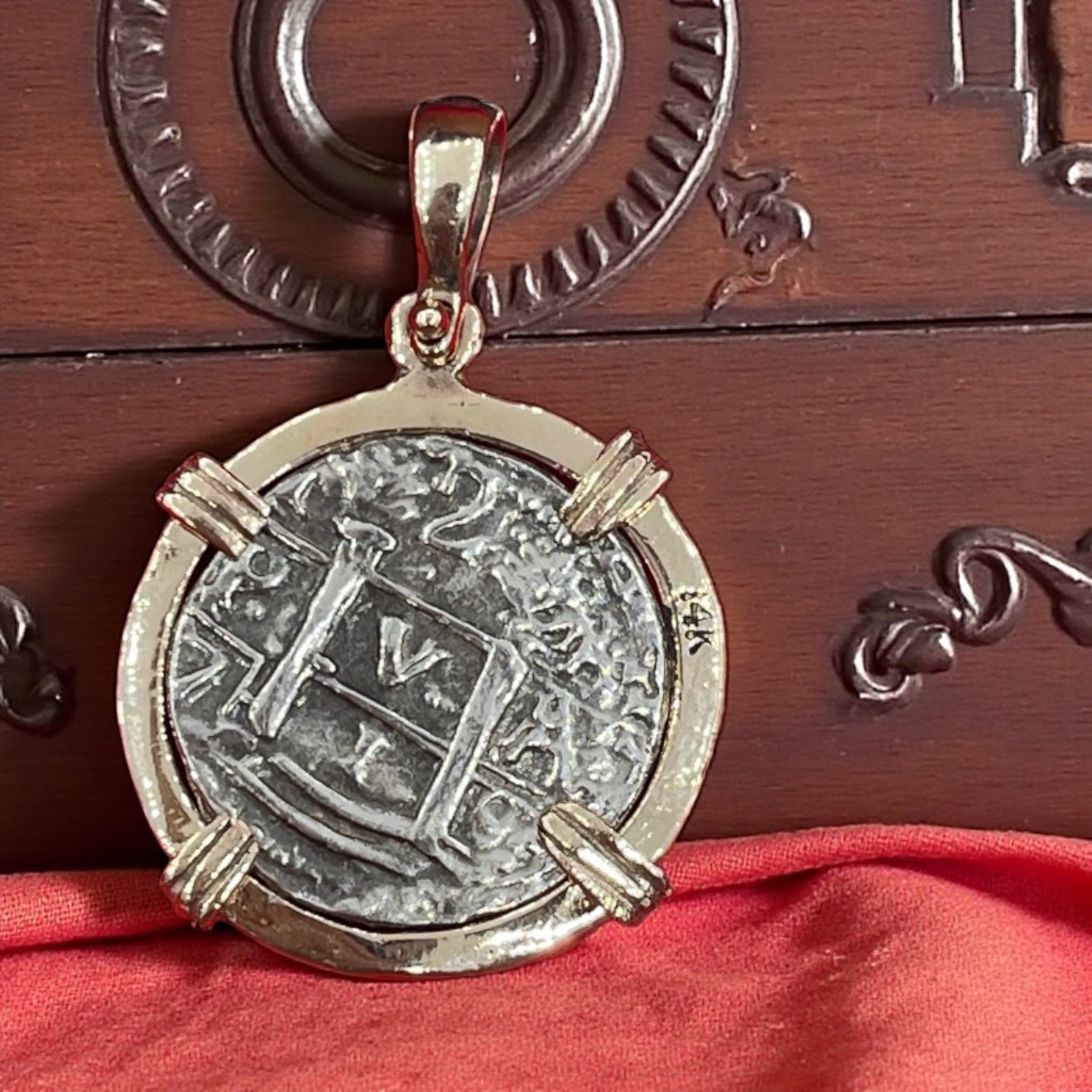 ATOCHA SILVER COIN PENDANT IN 14K REAL SOLID GOLD BEZEL HANDMADE FROM ATOCHA SILVER