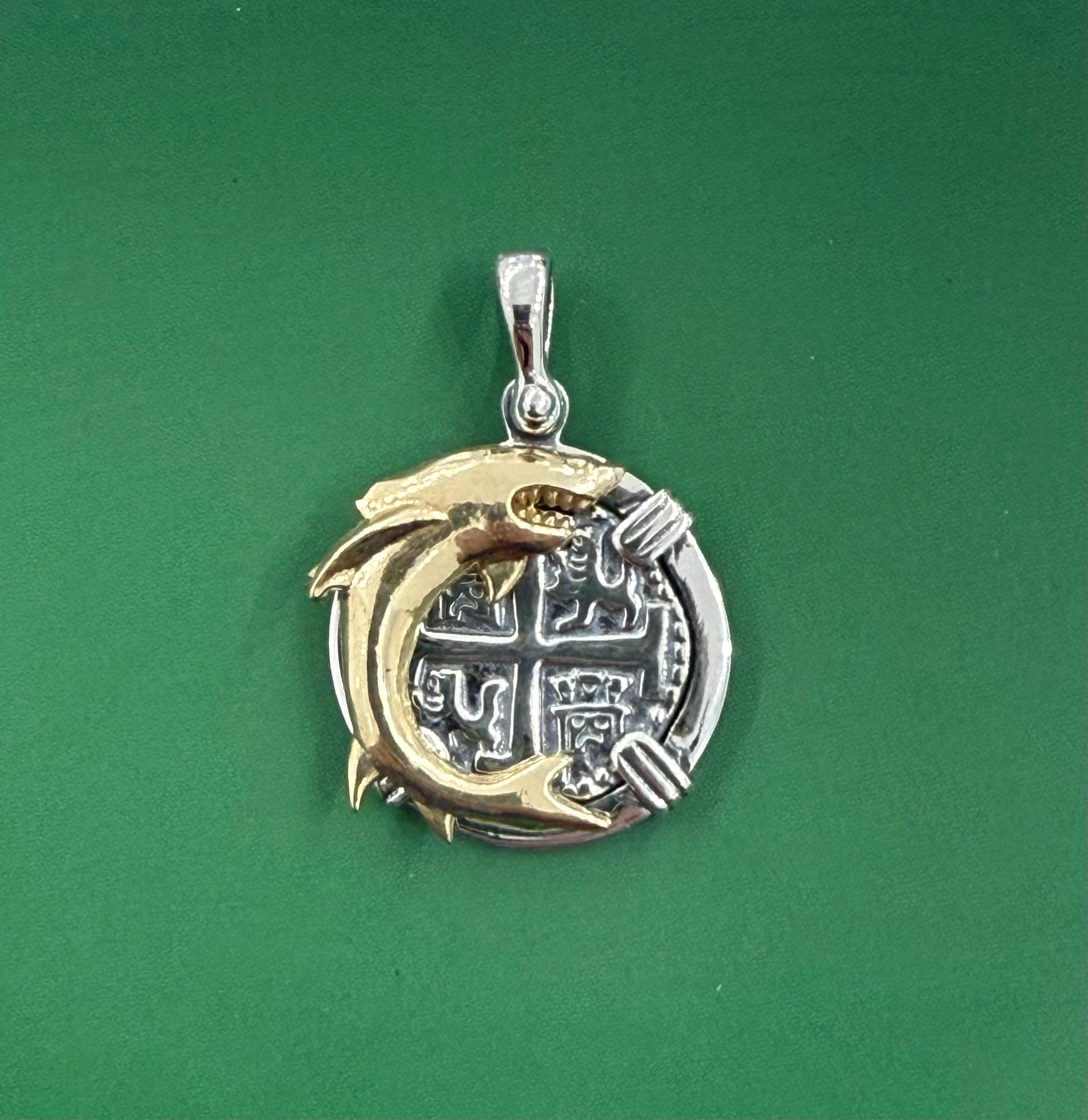 ATOCHA SOLID SILVER COIN PENDANT DIME SIZE IN 14k REAL GOLD SHARK