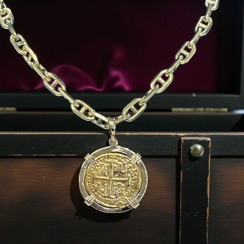 14K REAL SOLID GOLD HEAVY BEAUTIFUL ANCHOR CHAIN 6MM WITH 14K SOLID REAL GOLD HANDMADE ATOCHA COIN PENDANT