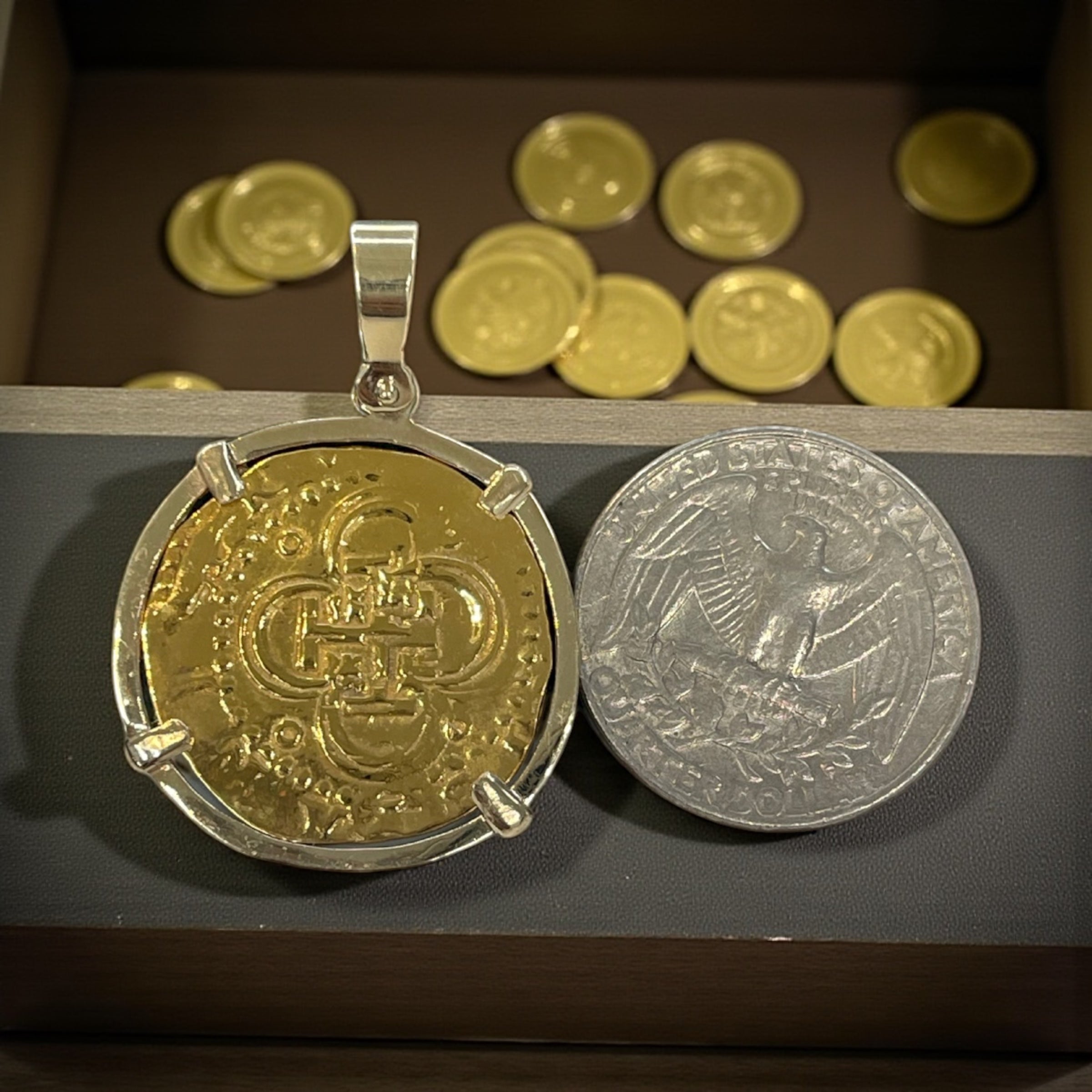 MUSEUM QUALITY RECREATION OF ATOCHA SHIPWRECK GOLD COIN PENDANT HANDMADE WITH 14k REAL GOLD