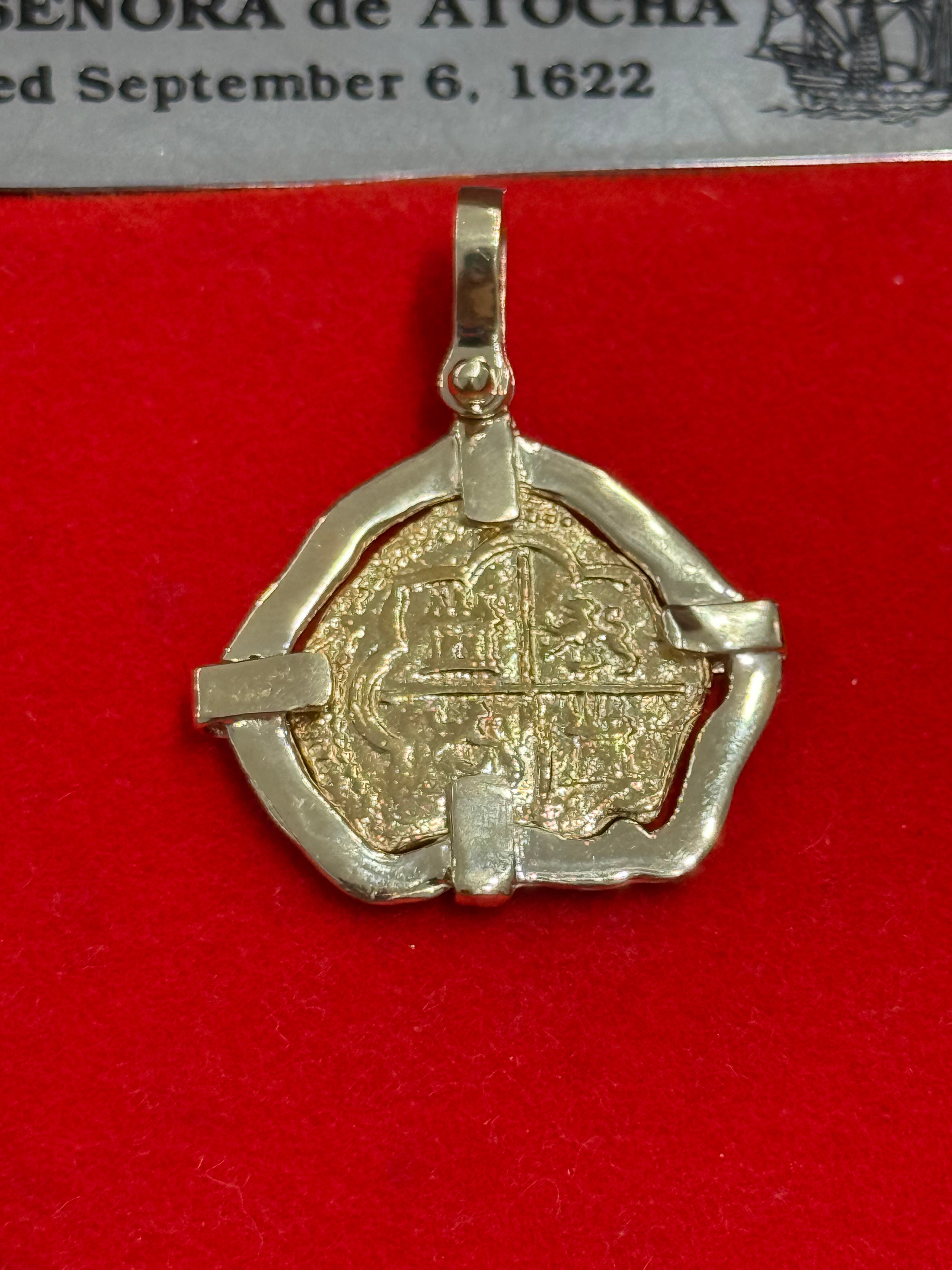 MUSEUM QUALITY RECREATION OF ATOCHA SHIPWRECK GOLD COIN PENDANT HANDMADE WITH 14K REAL GOLD