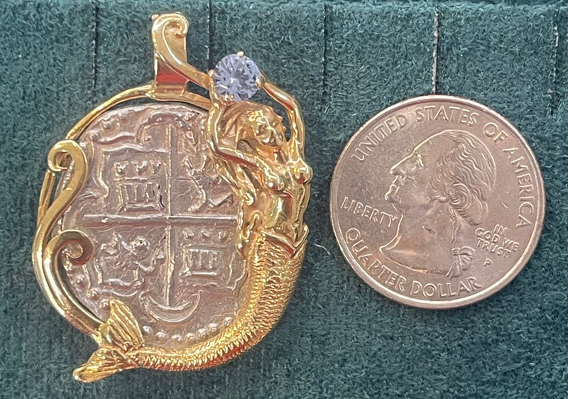 GORGEOUS ATOCHA SHIPWRECK SILVER COIN PENDANT IN 14KT SOLID REAL GOLD MERMAID BEZEL HOLDING A GEMSTONE