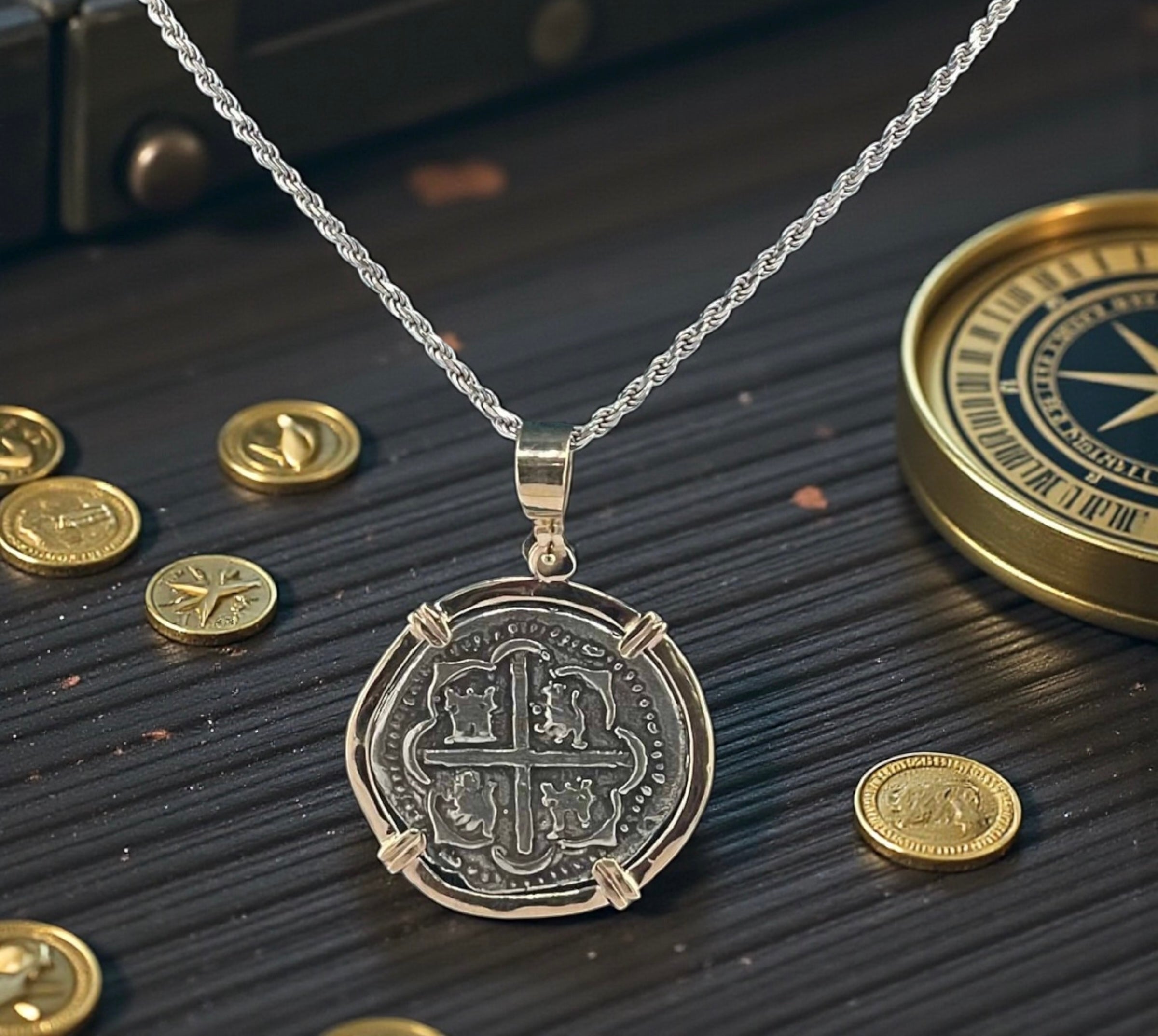 NUESTRA SENORA DE ATOCHA SILVER COIN PENDANT IN 14KT SOLID GOLD BEZEL
