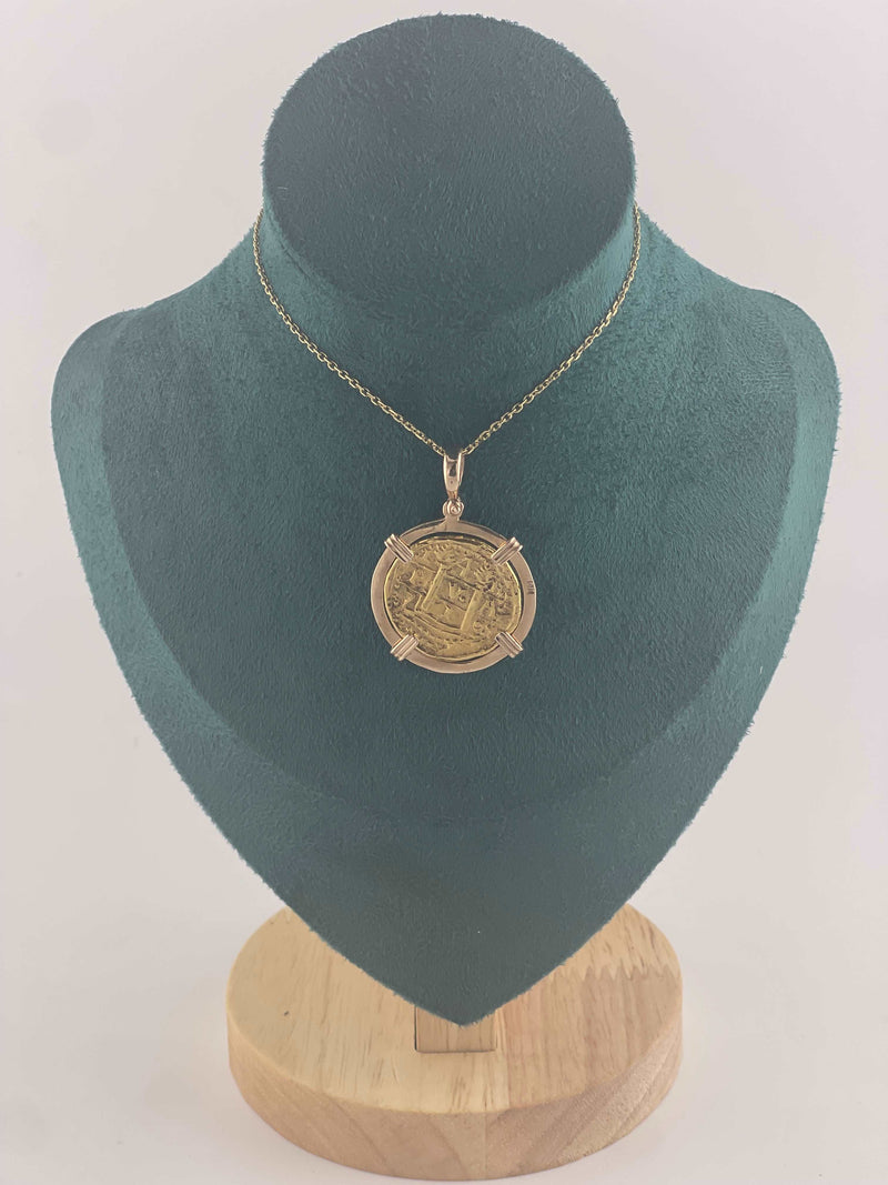 14K SOLID GOLD ATOCHA COIN PENDANT WITH 14K REAL GOLD MINI CHAIN 20”