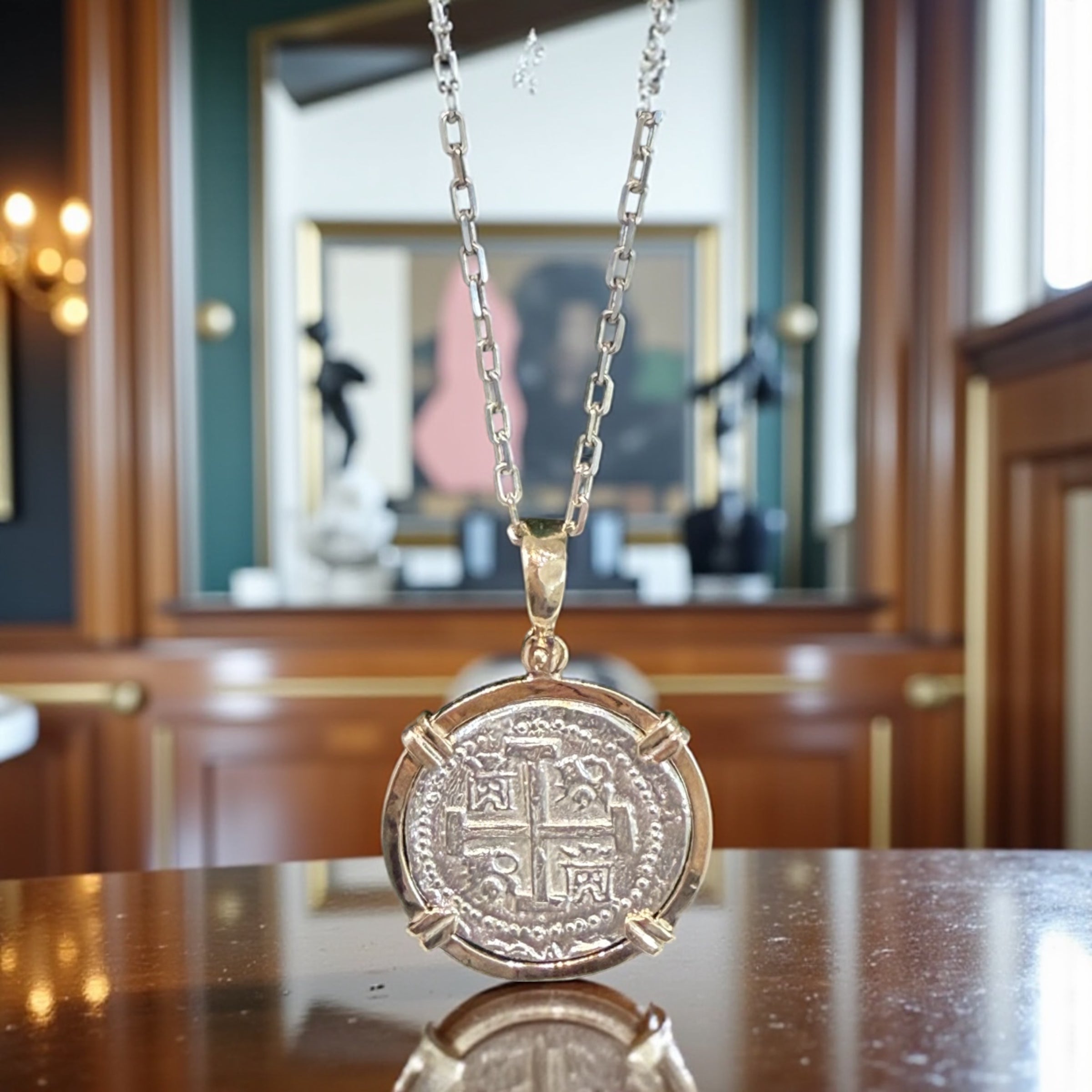 ATOCHA SHIPWRECK SILVER COIN PENDANT IN 14KT SOLID REAL GOLD BEZEL