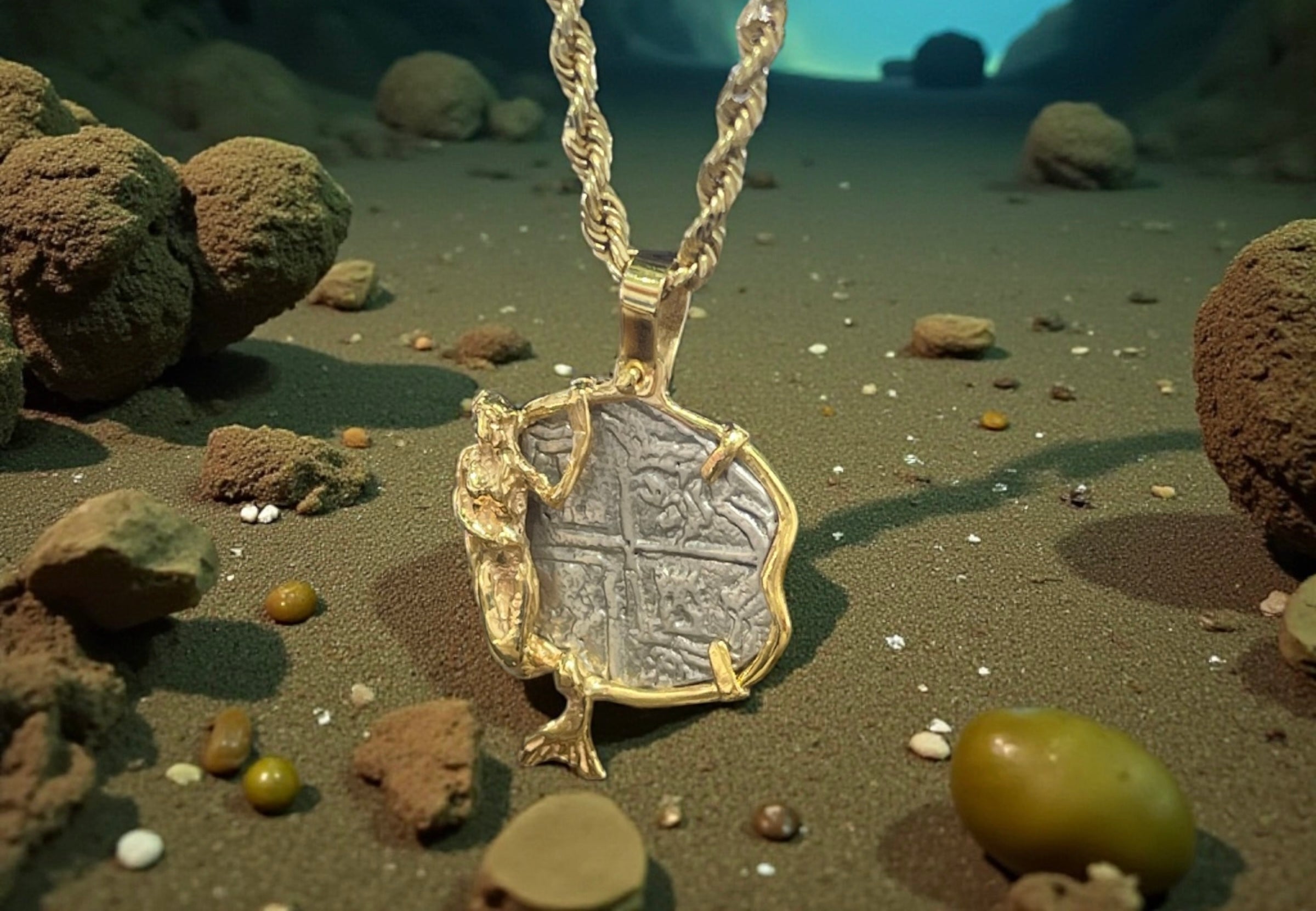 ATOCHA SHIPWRECK SILVER COIN PENDANT IN 14KT SOLID REAL GOLD MERMAID BEZEL