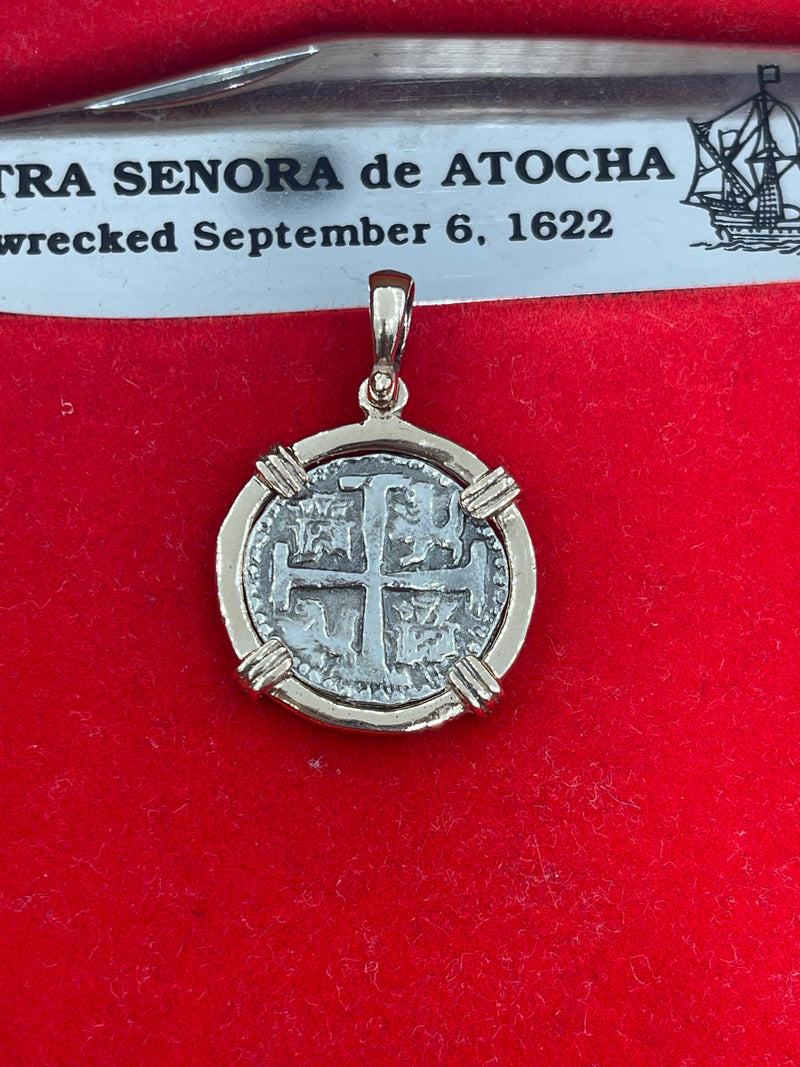 ATOCHA SILVER COIN PENDANT IN 14K REAL SOLID GOLD BEZEL HANDMADE FROM ATOCHA SILVER