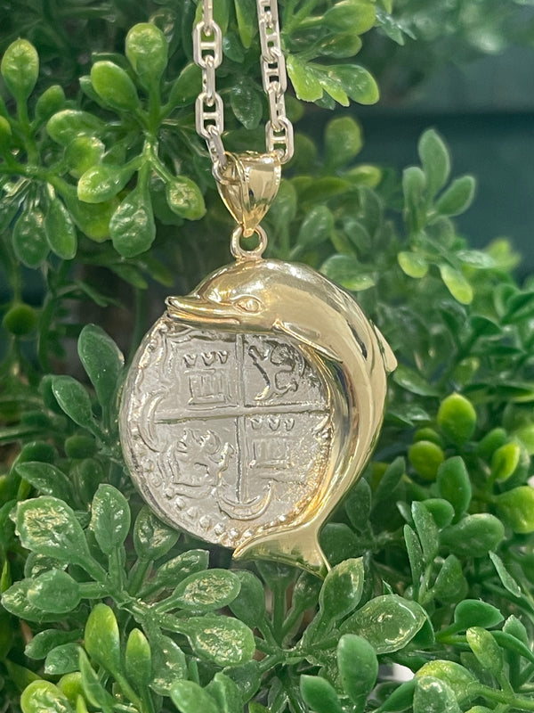 NUESTRA SENORA DE ATOCHA  SILVER COIN PENDANT IN 10KT GOLD FISH BEZEL