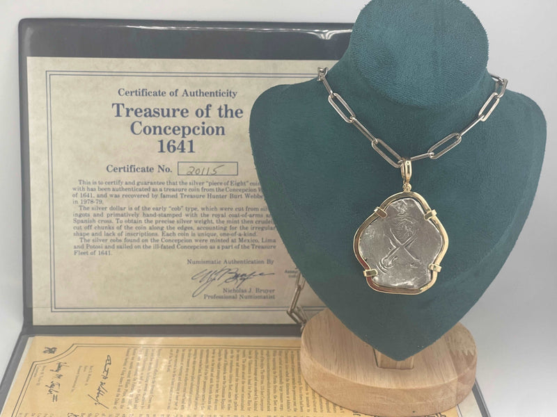 TREASURE OF THE CONCEPCION 1641 COIN “PIECE OF EIGHT”BEZELED IN 14K SOLID GOLD WITH CERTIFICATE OF AUTHENTICITY