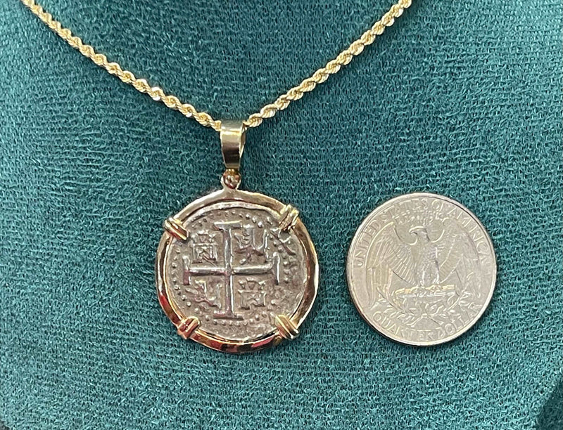 NUESTRA SENORA DE ATOCHA SILVER COIN PENDANT IN 14KT SOLID GOLD BEZEL