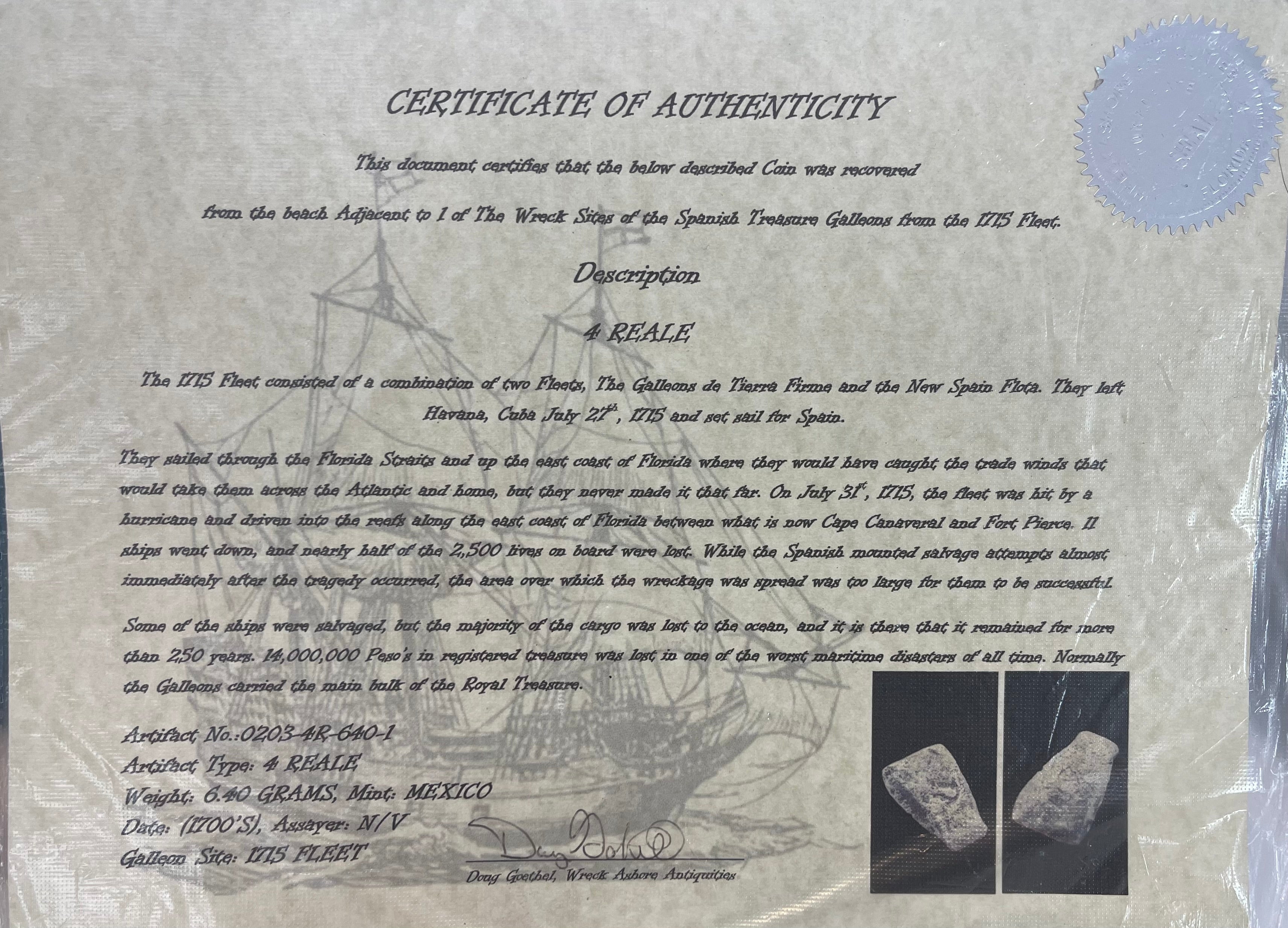 4 REALE 1715 FLEET MEXICO MINT ACTUAL SHIPWRECK COIN