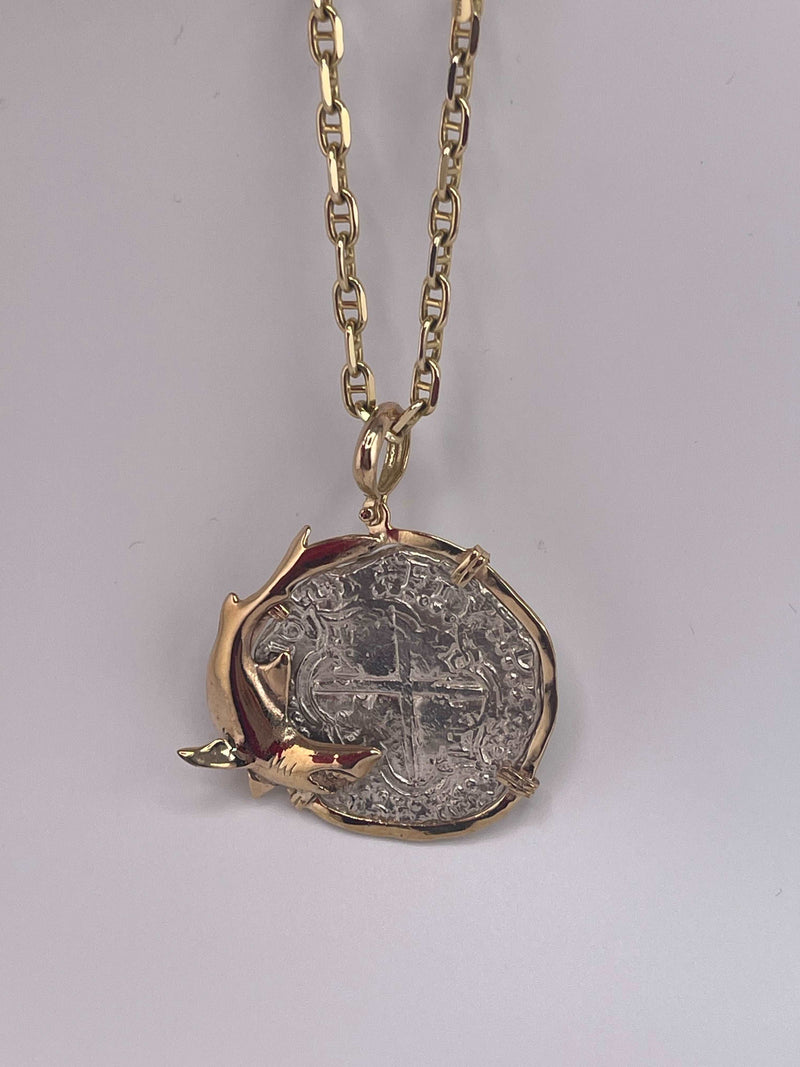 NUESTRA SENORA DE ATOCHA SOLID LARGE SILVER COIN PENDANT IN 14KT SOLID GOLD FISH BEZEL