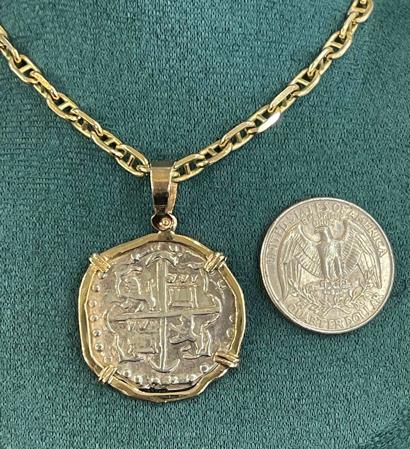 NUESTRA SENORA DE ATOCHA SOLID SILVER COIN PENDANT IN 14KT SOLID GOLD BEZEL