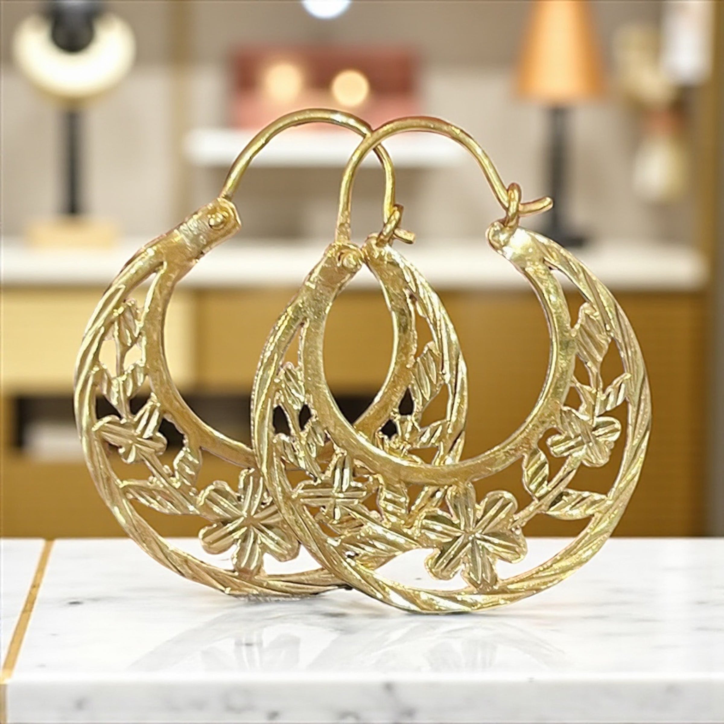 14k Gold handmade Flower Hoop Earrings