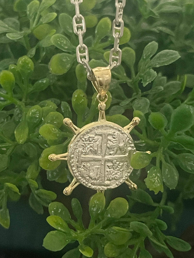 NUESTRA SENORA DE ATOCHA MINI SILVER COIN PENDANT IN 10K REAL GOLD SHIP’S WHEEL