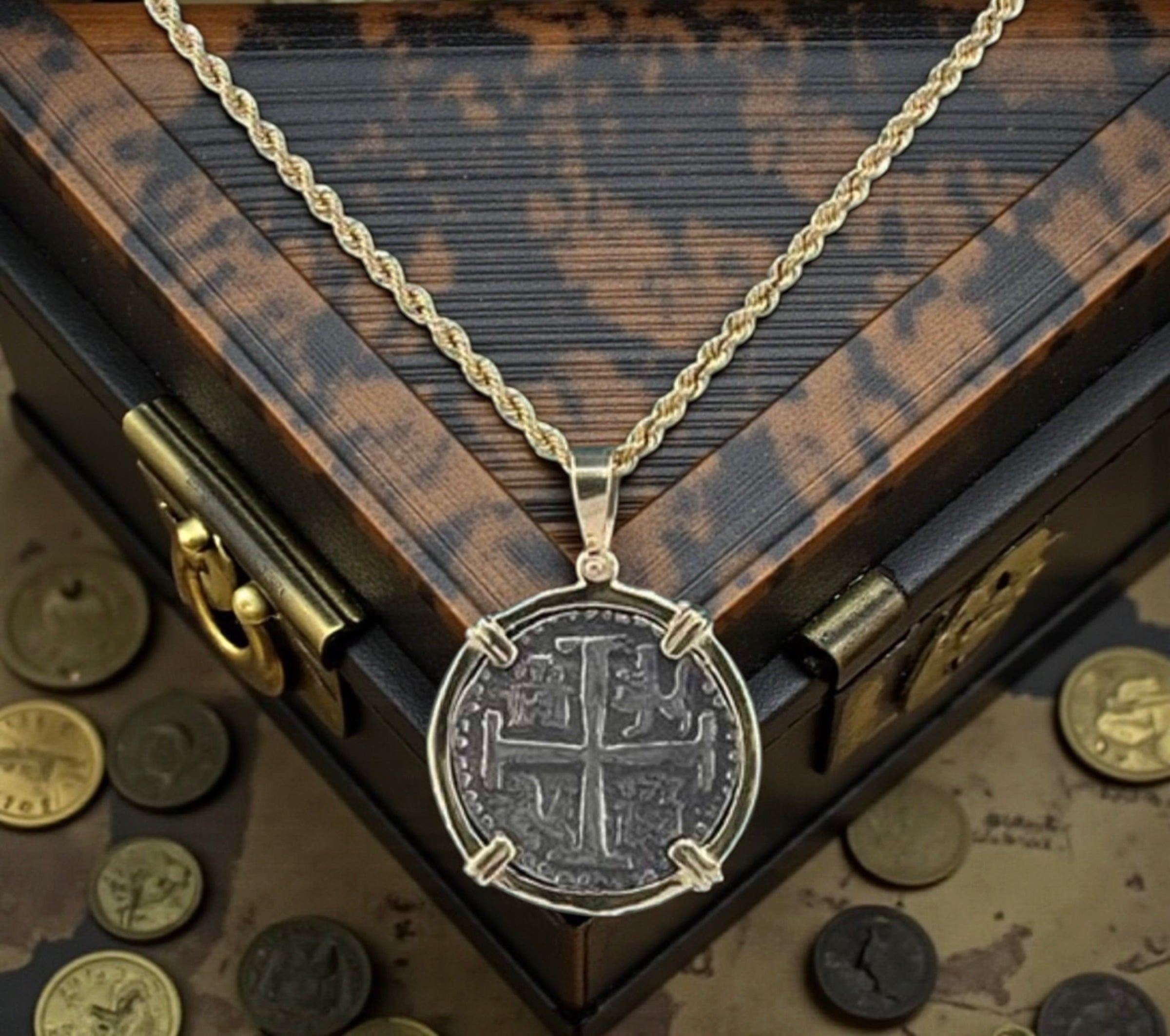 NUESTRA SENORA DE ATOCHA SILVER COIN PENDANT IN 14KT GOLD BEZEL