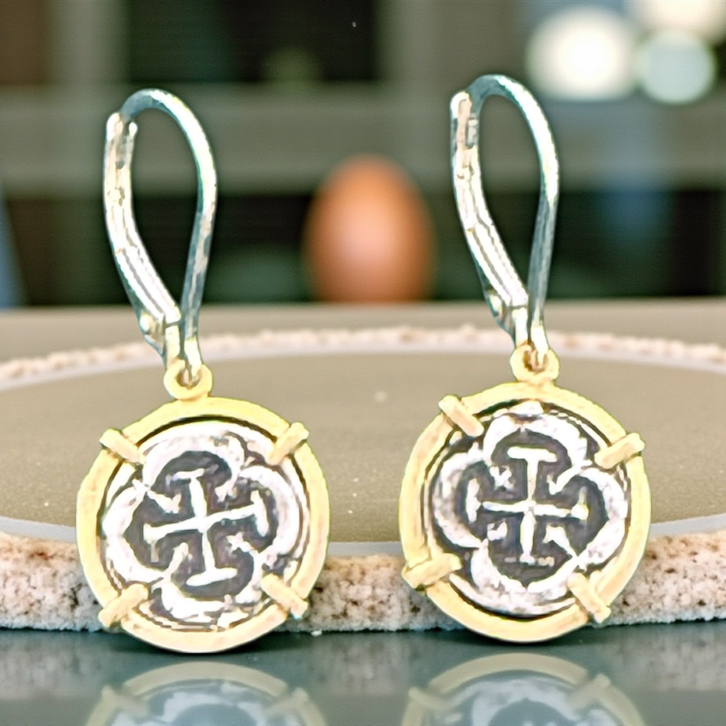 ATOCHA MINI SILVER COIN DANGLE EARRINGS IN 14k GOLD BEZEL 12MM