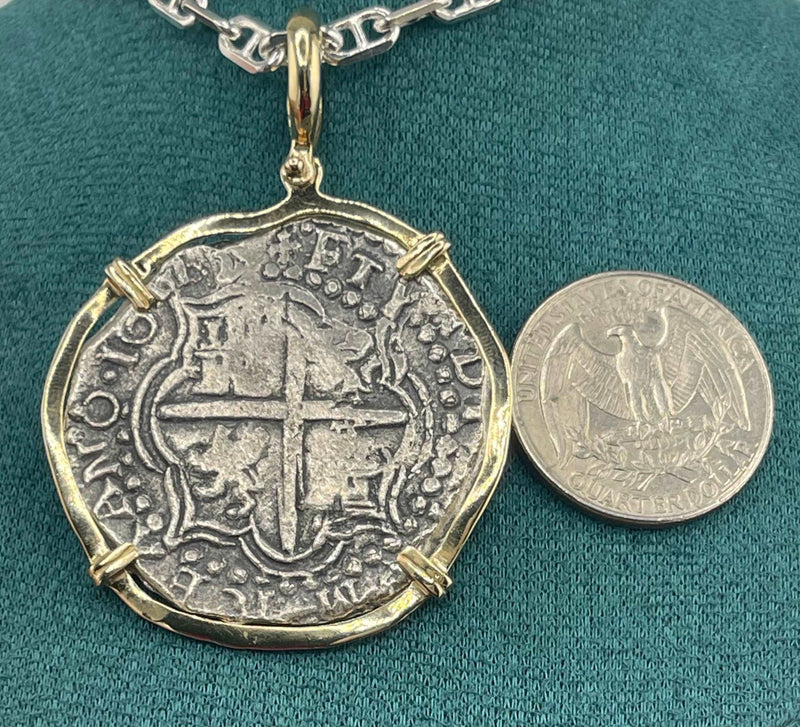 NUESTRA SENORA DE ATOCHA SOLID LARGE SIZE SILVER COIN PENDANT IN 14KT SOLID GOLD BEZEL