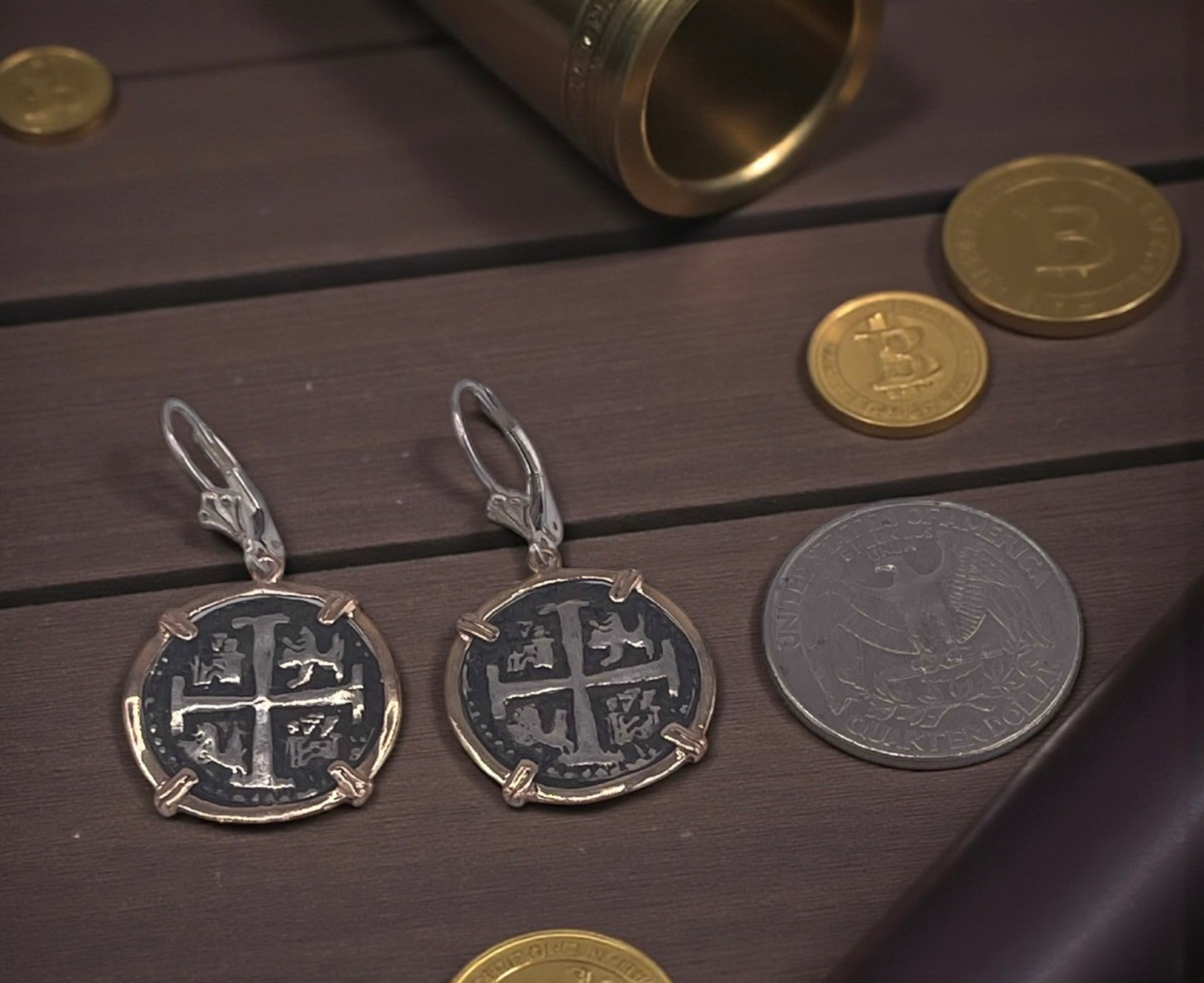 NUESTRA SENORA DE ATOCHA SILVER COIN EARRINGS IN 14k GOLD BEZEL
