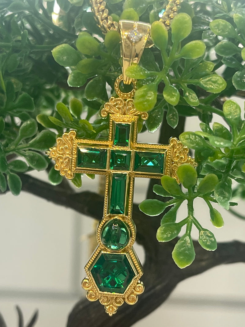 14K REAL SOLID GOLD EMERALD CROSS PENDANT