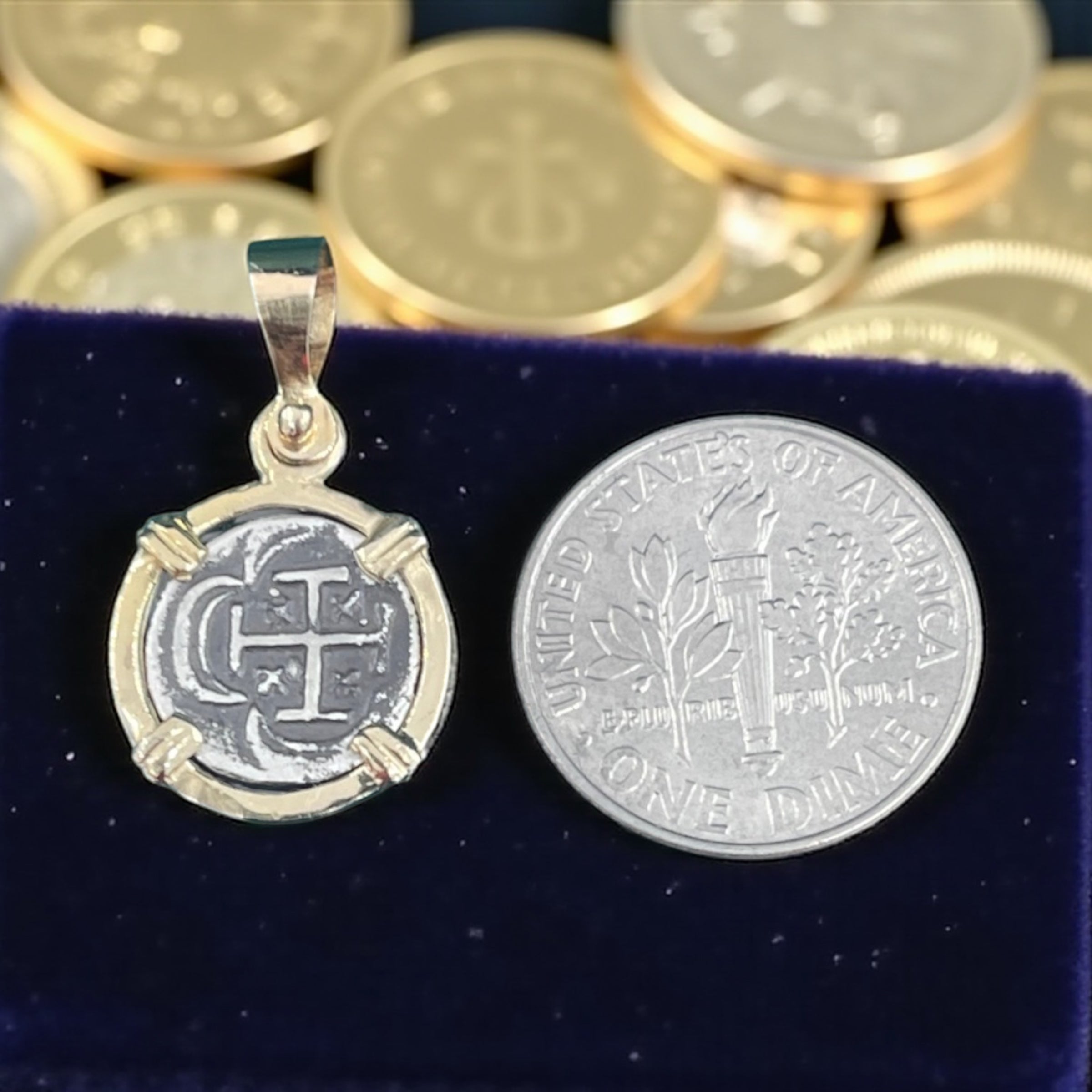 ATOCHA SILVER MINI COIN PENDANT IN 14K REAL SOLID GOLD BEZEL