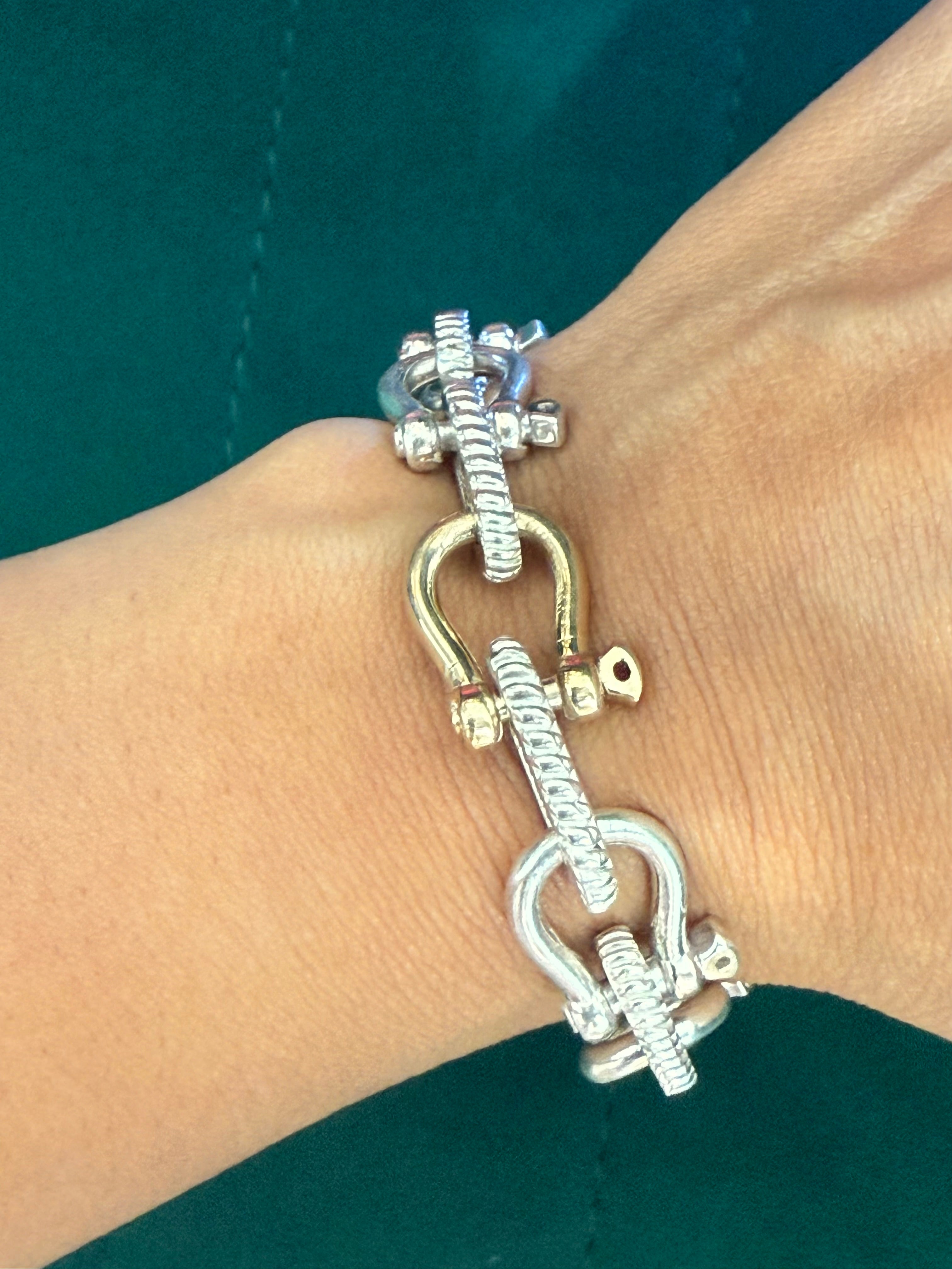 925 ITALIAN SOLID STERLING SILVER HANDMADE HEAVY SHACKLE BRACELET 11MM WITH 1 SINGLE CENTRE 10K SOLID GOLD SHACKLE LINK