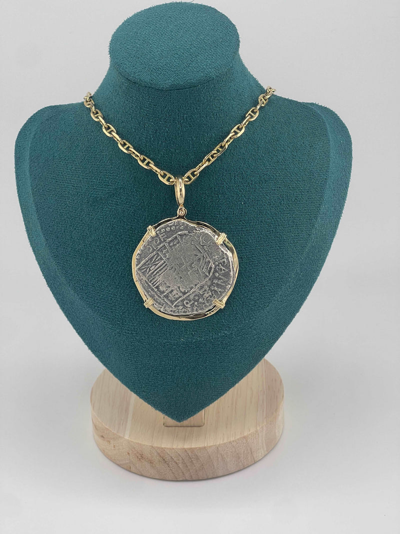 NUESTRA SENORA DE ATOCHA SOLID LARGE SIZE SILVER COIN PENDANT IN 14KT SOLID GOLD BEZEL