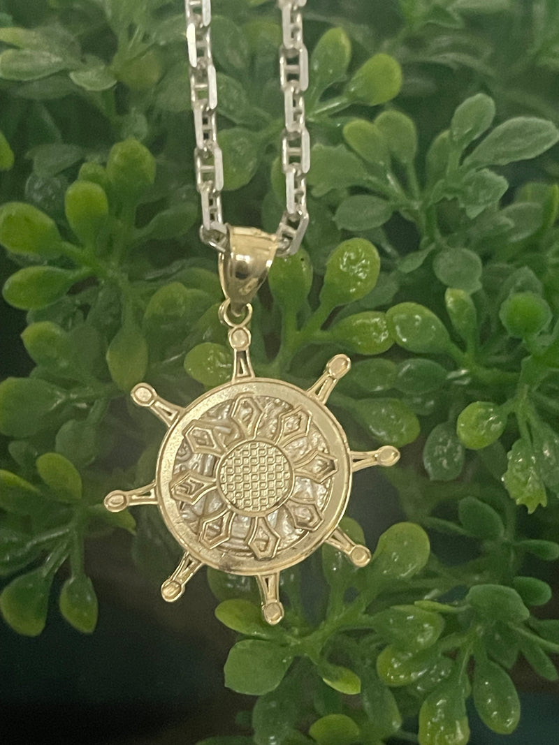 NUESTRA SENORA DE ATOCHA MINI SILVER COIN PENDANT IN 10K REAL GOLD SHIP’S WHEEL