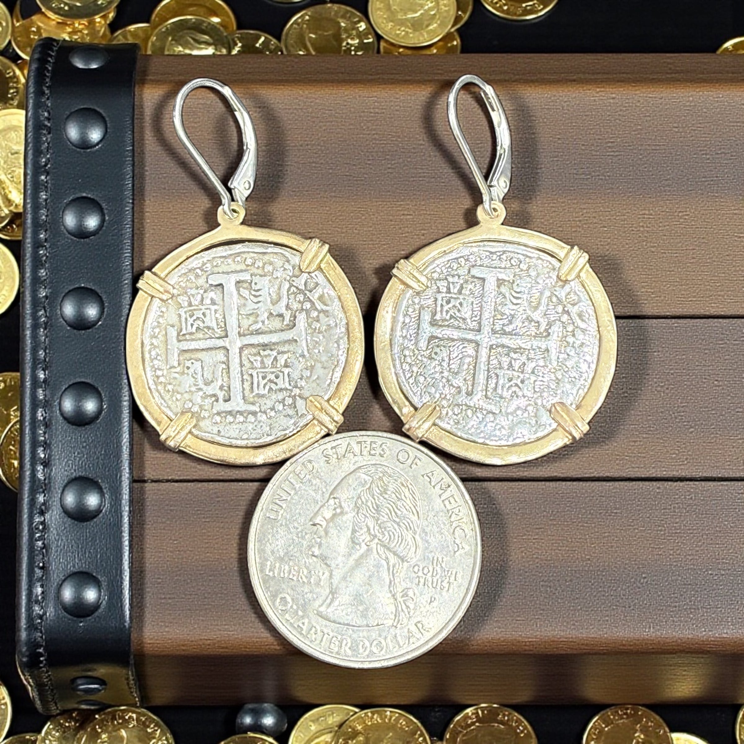 Atocha Silver COCKTAIL dangle Coin Earrings 25mm in 14k real gold bezel