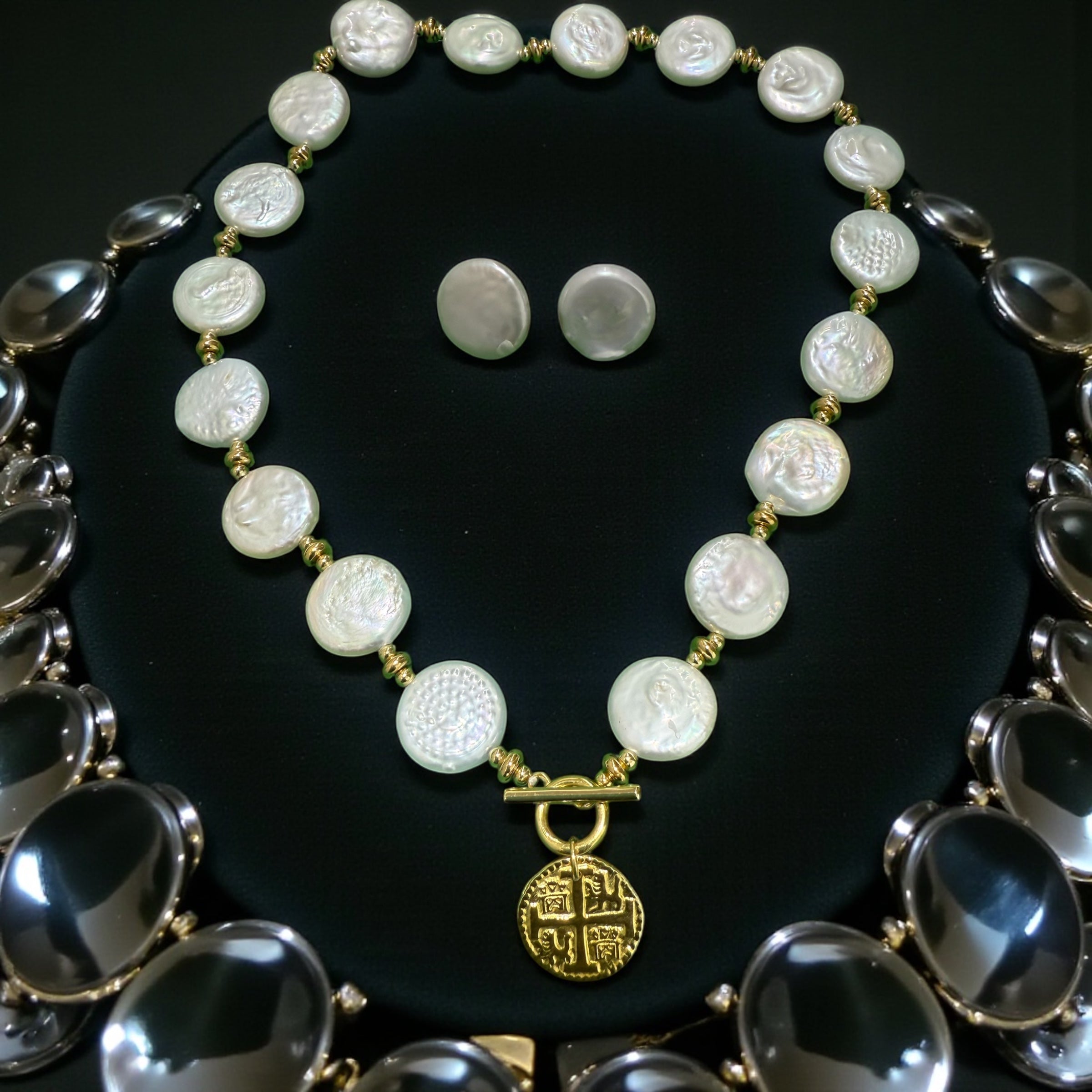 Beautiful Coin Pearl toggle necklace on atocha silver coin charm 18”