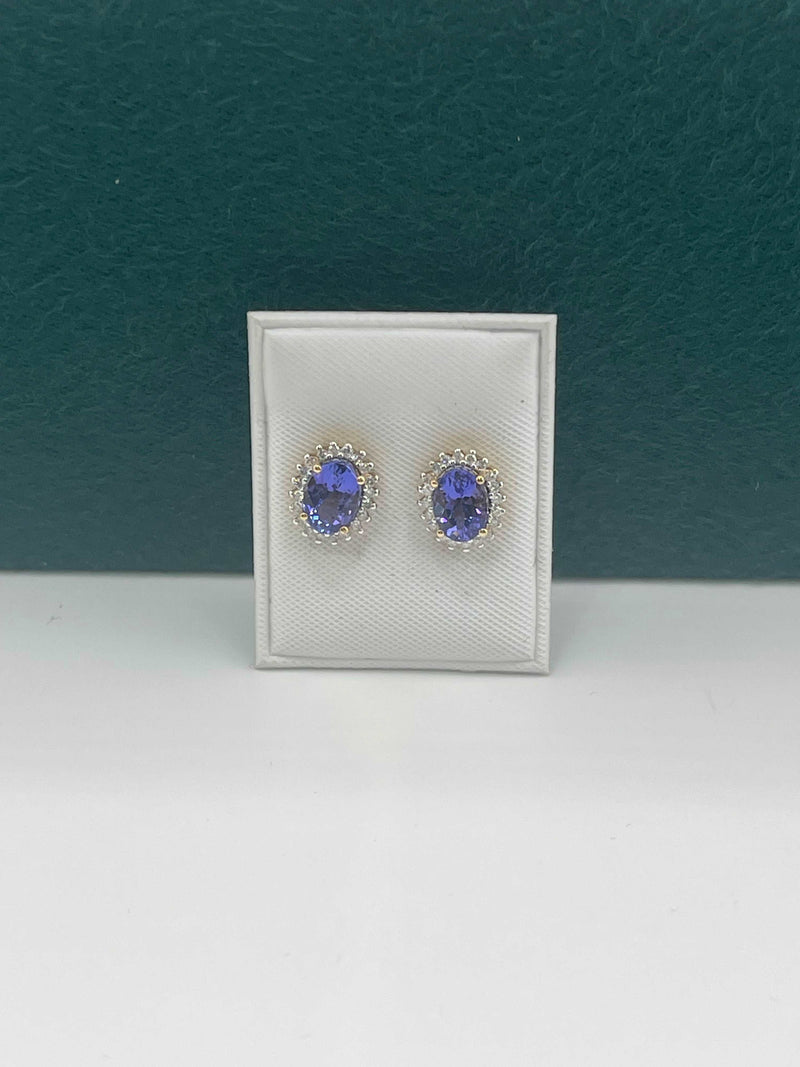 GENUINE AFRICAN TANZANITE STUD EARRINGS IN REAL DAIMONDS SET IN 14K WHITE GOLD 8MM